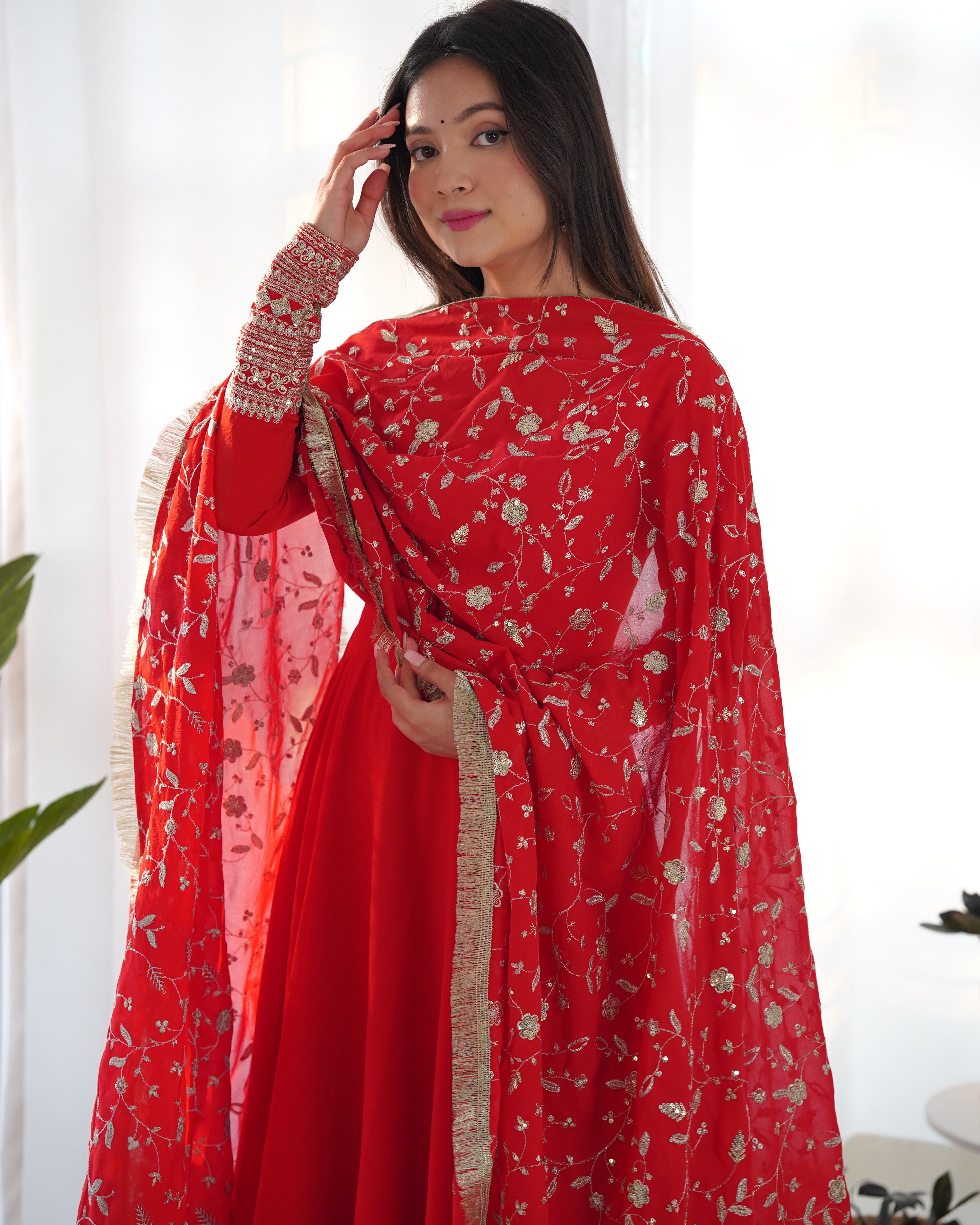 Red Color Base Flairy Anarkali Suit with Pant and Dupatta Set for Upcoming Functions and Weddings