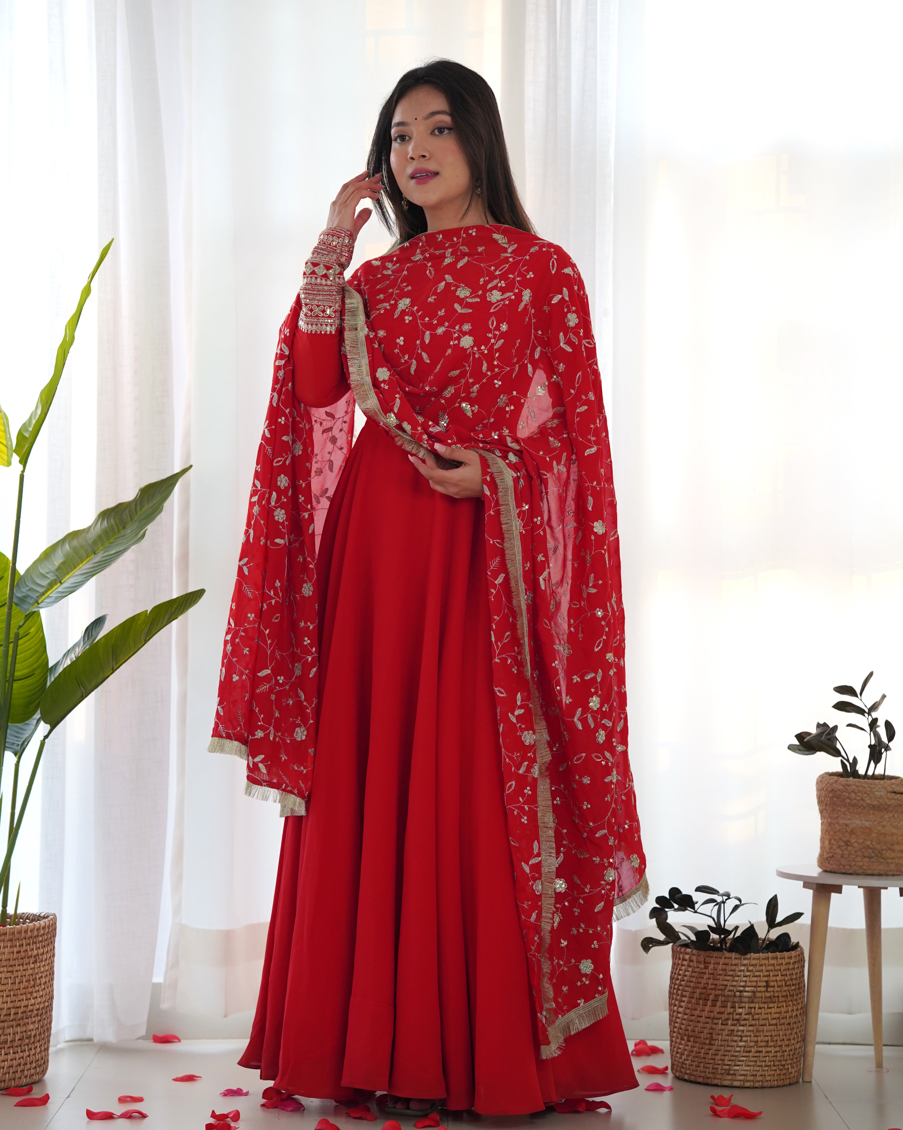 Red Color Base Flairy Anarkali Suit with Pant and Dupatta Set for Upcoming Functions and Weddings