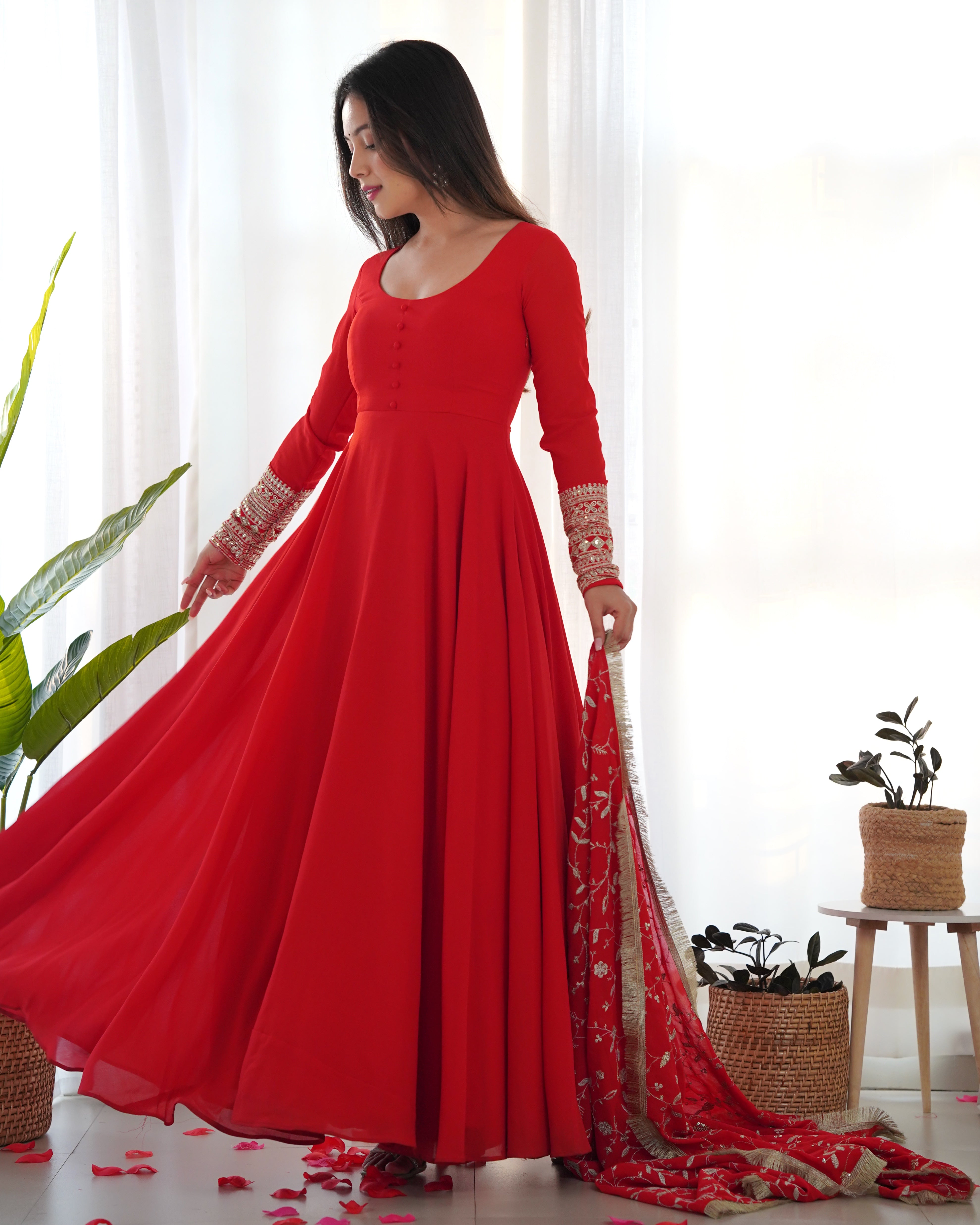 Red Color Base Flairy Anarkali Suit with Pant and Dupatta Set for Upcoming Functions and Weddings