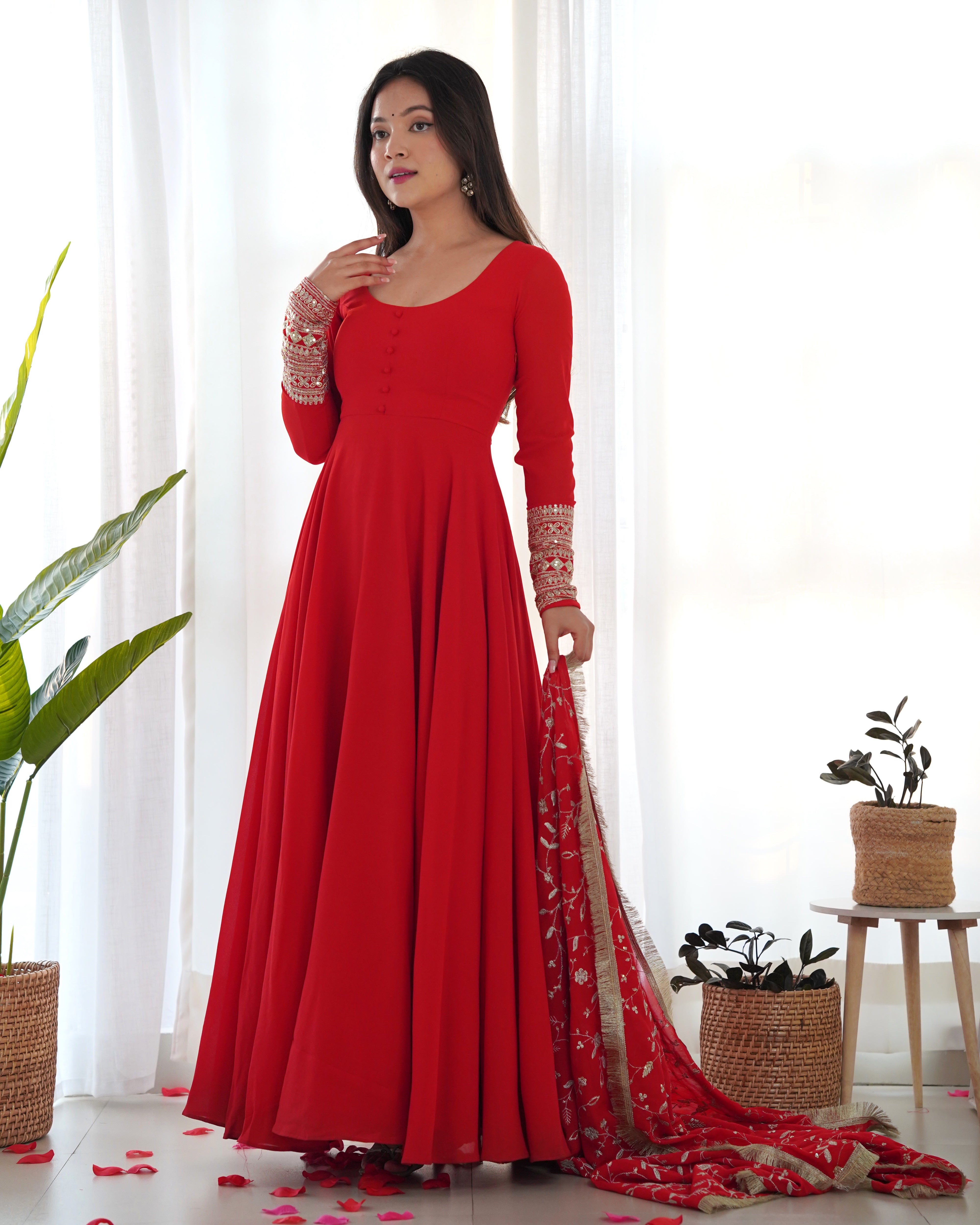 Red Color Base Flairy Anarkali Suit with Pant and Dupatta Set for Upcoming Functions and Weddings