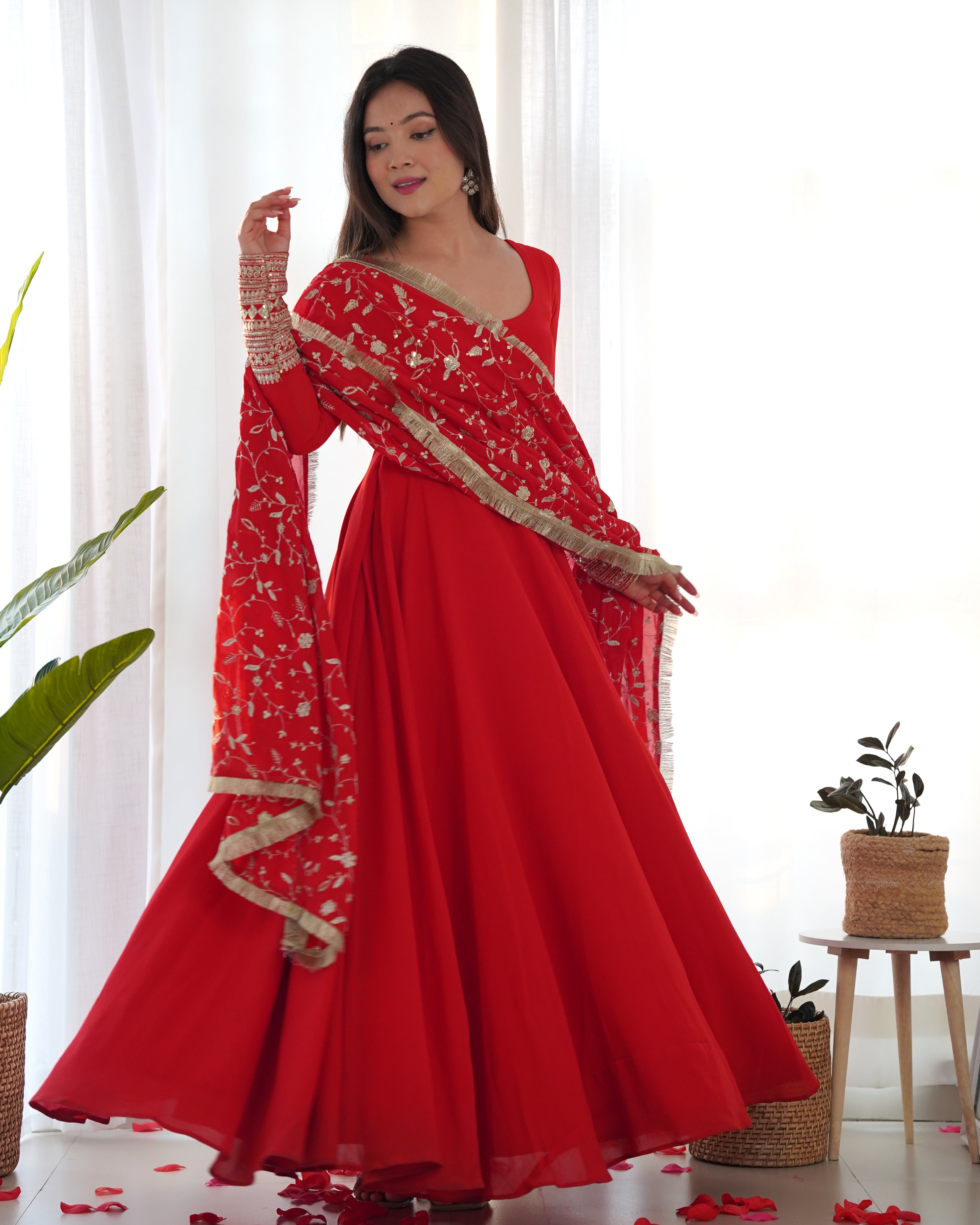 Red Color Base Flairy Anarkali Suit with Pant and Dupatta Set for Upcoming Functions and Weddings