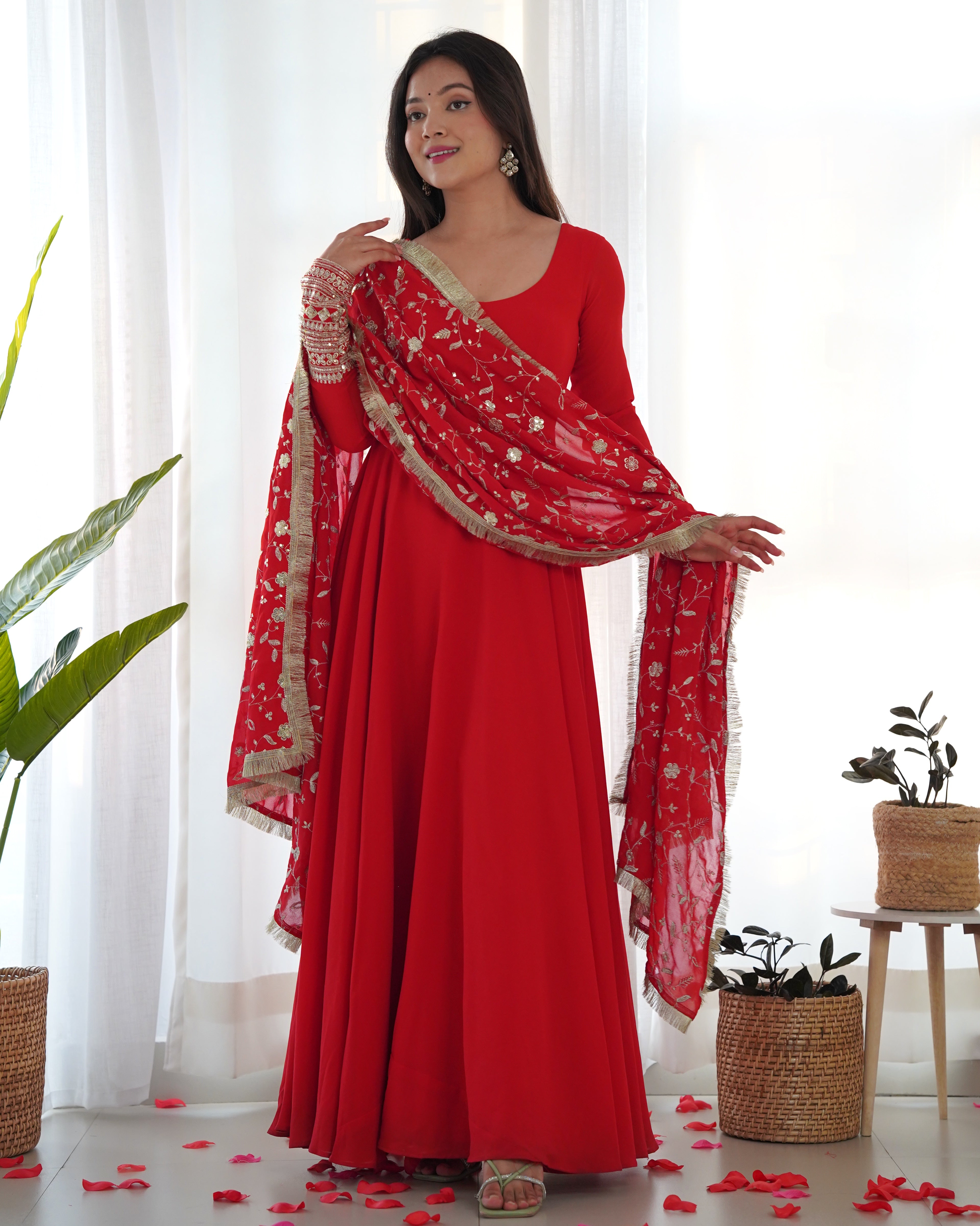 Red Color Base Flairy Anarkali Suit with Pant and Dupatta Set for Upcoming Functions and Weddings