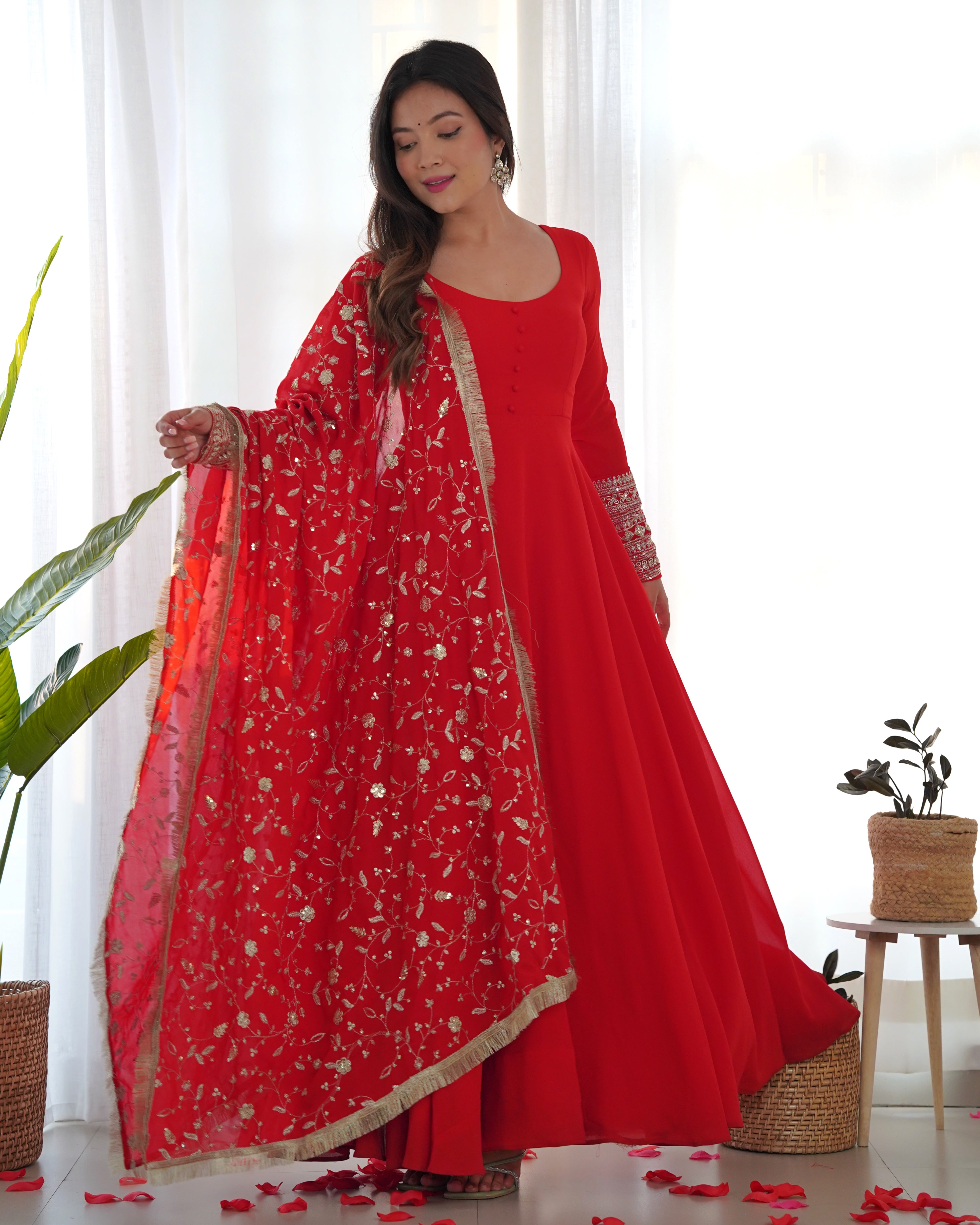 Red Color Base Flairy Anarkali Suit with Pant and Dupatta Set for Upcoming Functions and Weddings