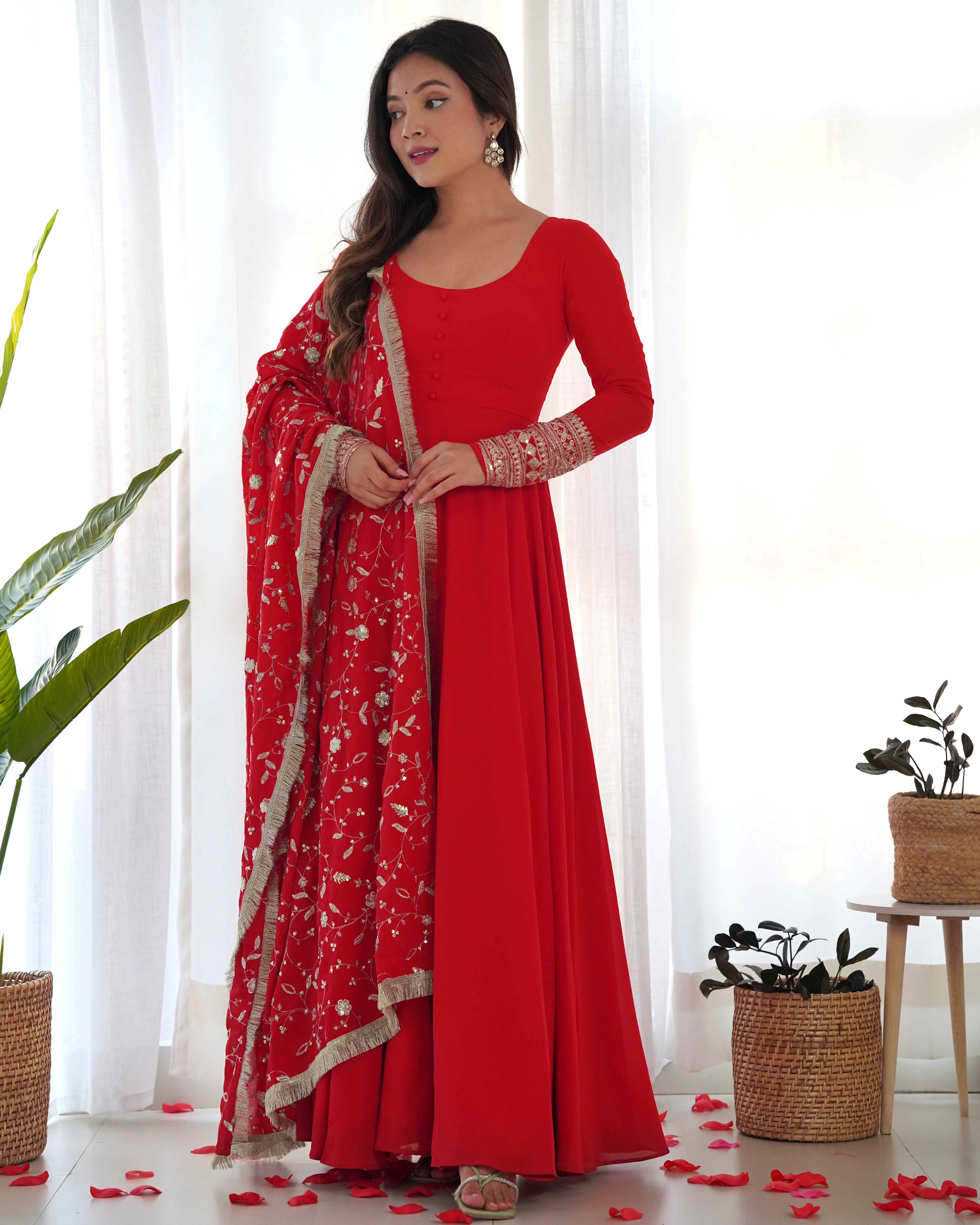 Red Color Base Flairy Anarkali Suit with Pant and Dupatta Set for Upcoming Functions and Weddings