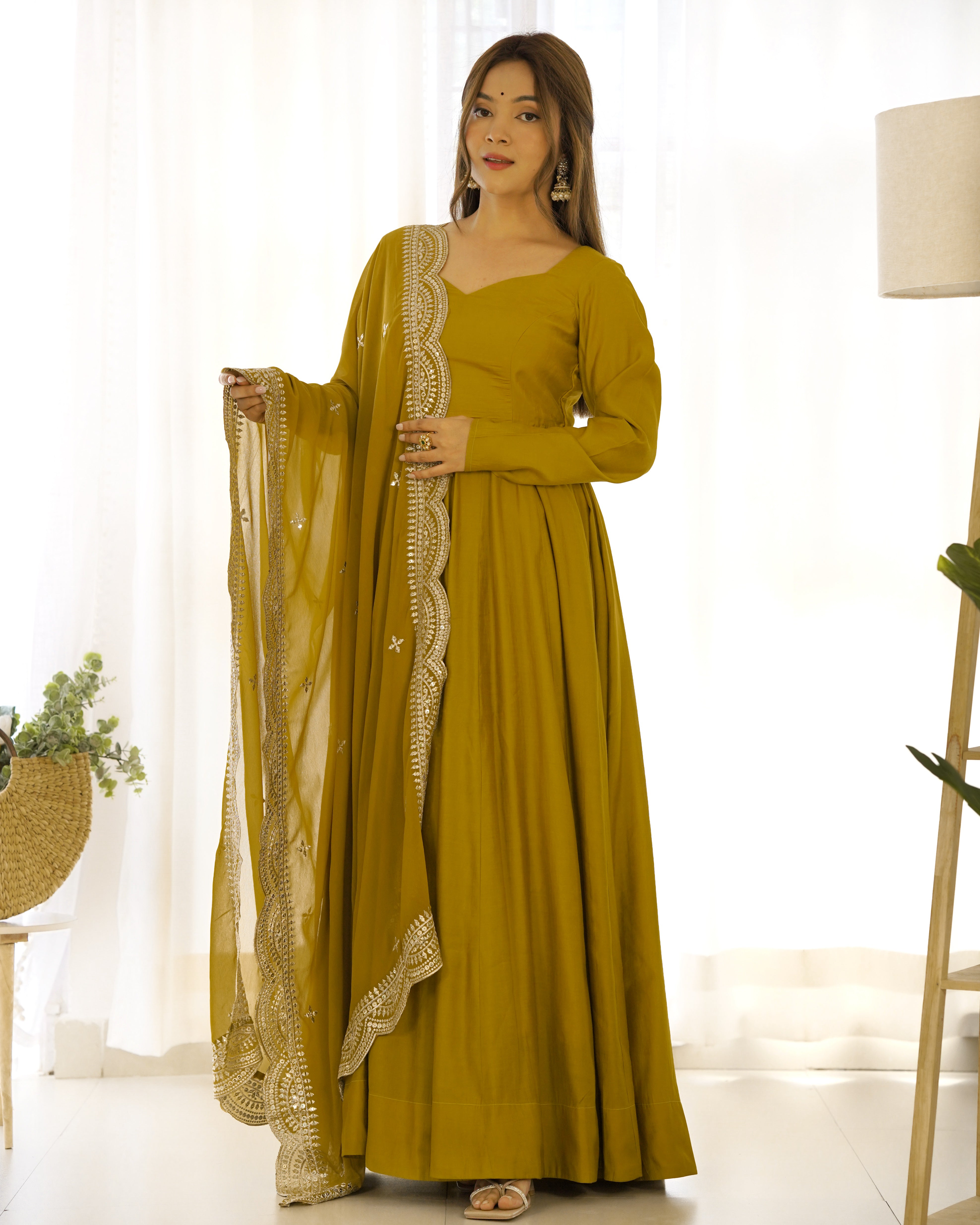 Perfect Functional Ceremonial Outfit in Anarkali Avatar Based in Roman Silk Chanderi Fabric Designer Suit for Upcoming Festivals and More Events