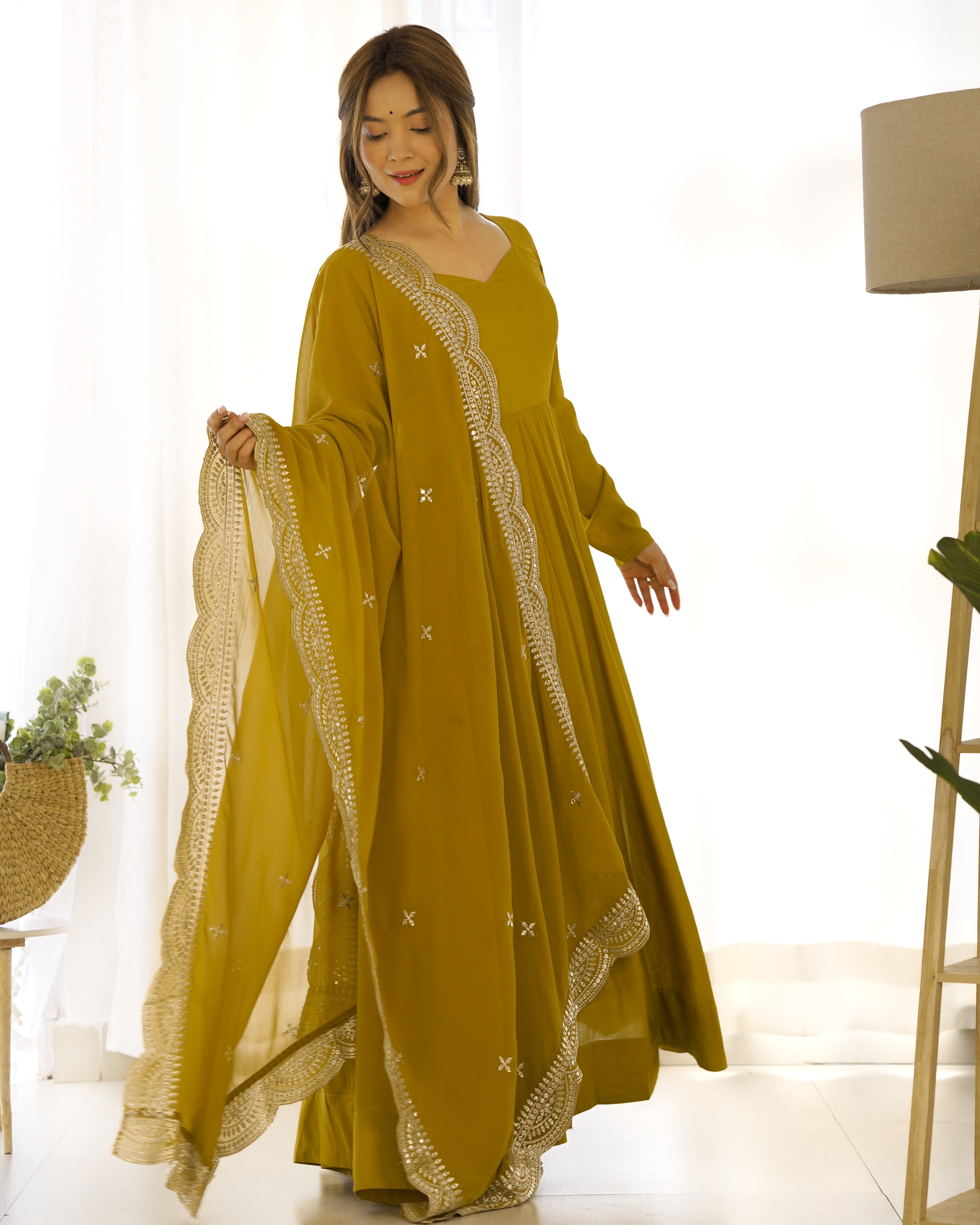 Perfect Functional Ceremonial Outfit in Anarkali Avatar Based in Roman Silk Chanderi Fabric Designer Suit for Upcoming Festivals and More Events