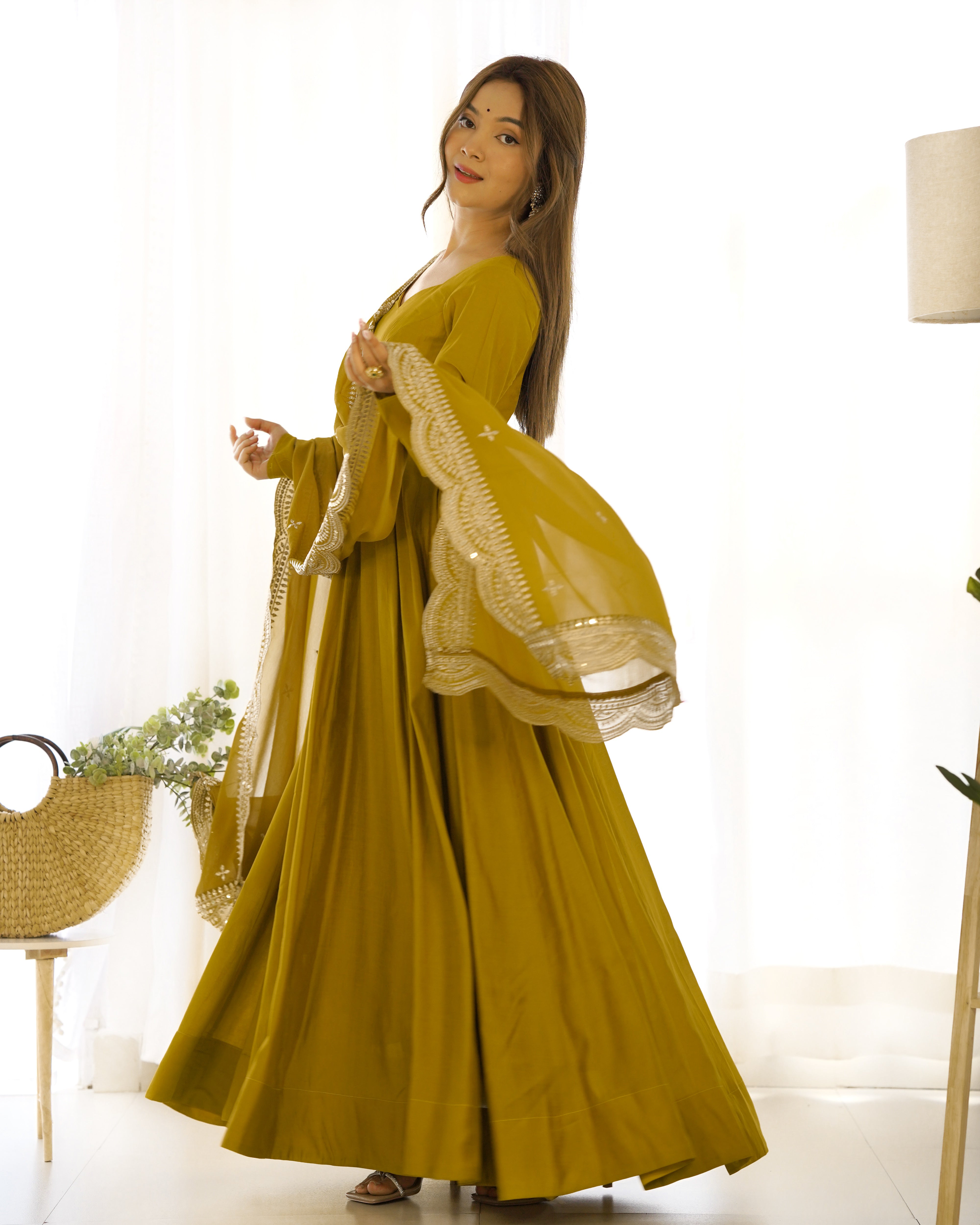 Perfect Functional Ceremonial Outfit in Anarkali Avatar Based in Roman Silk Chanderi Fabric Designer Suit for Upcoming Festivals and More Events