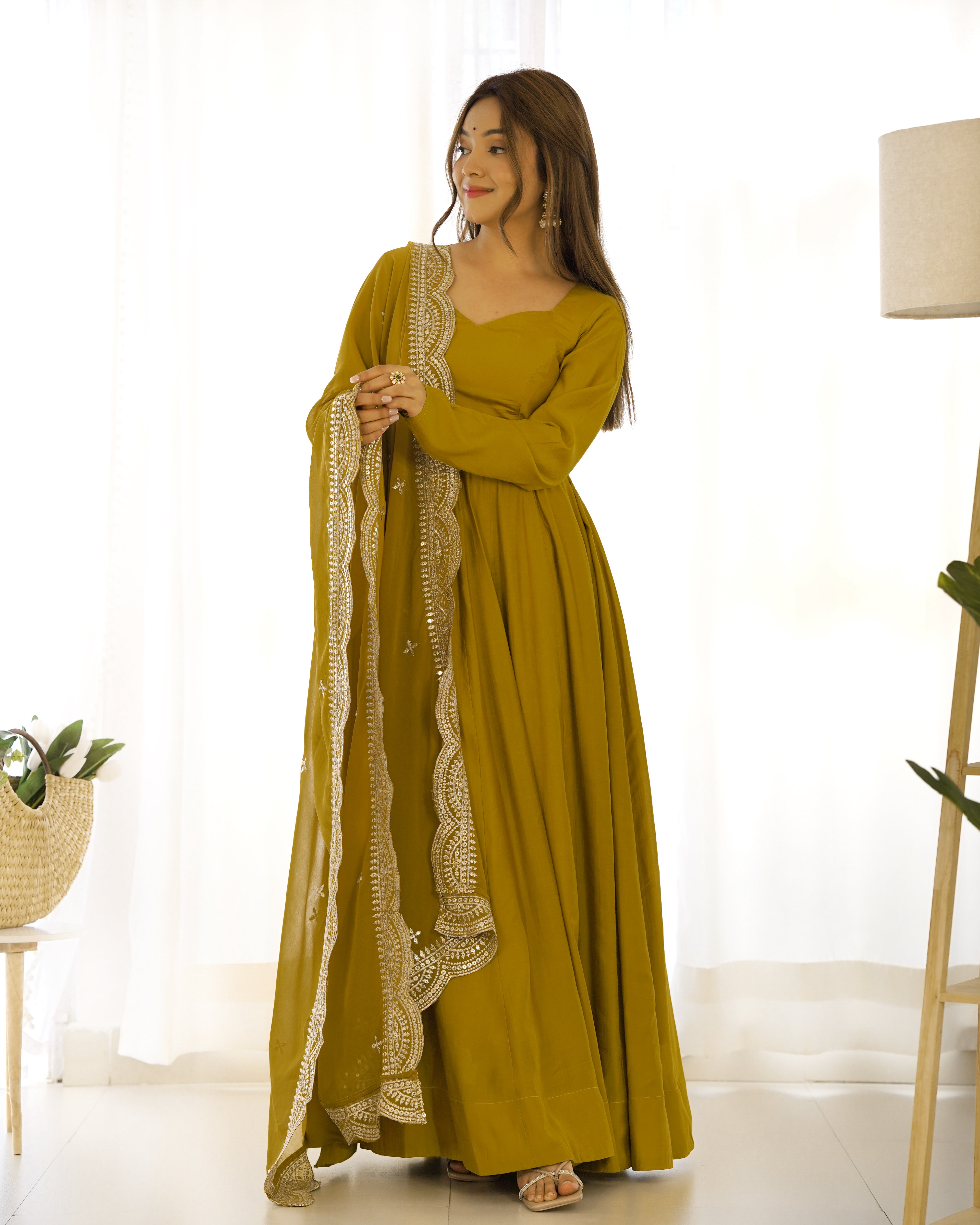 Perfect Functional Ceremonial Outfit in Anarkali Avatar Based in Roman Silk Chanderi Fabric Designer Suit for Upcoming Festivals and More Events