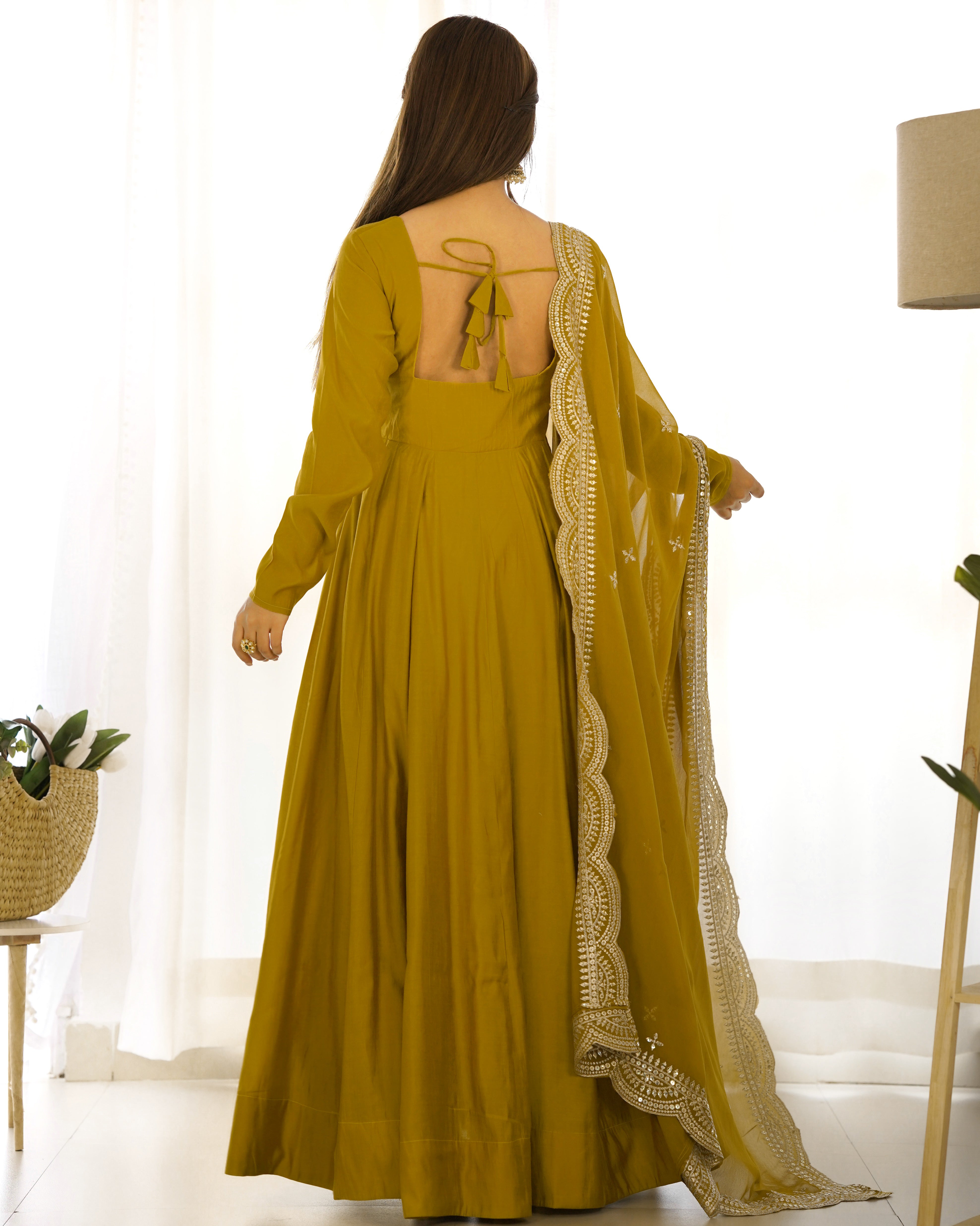 Perfect Functional Ceremonial Outfit in Anarkali Avatar Based in Roman Silk Chanderi Fabric Designer Suit for Upcoming Festivals and More Events