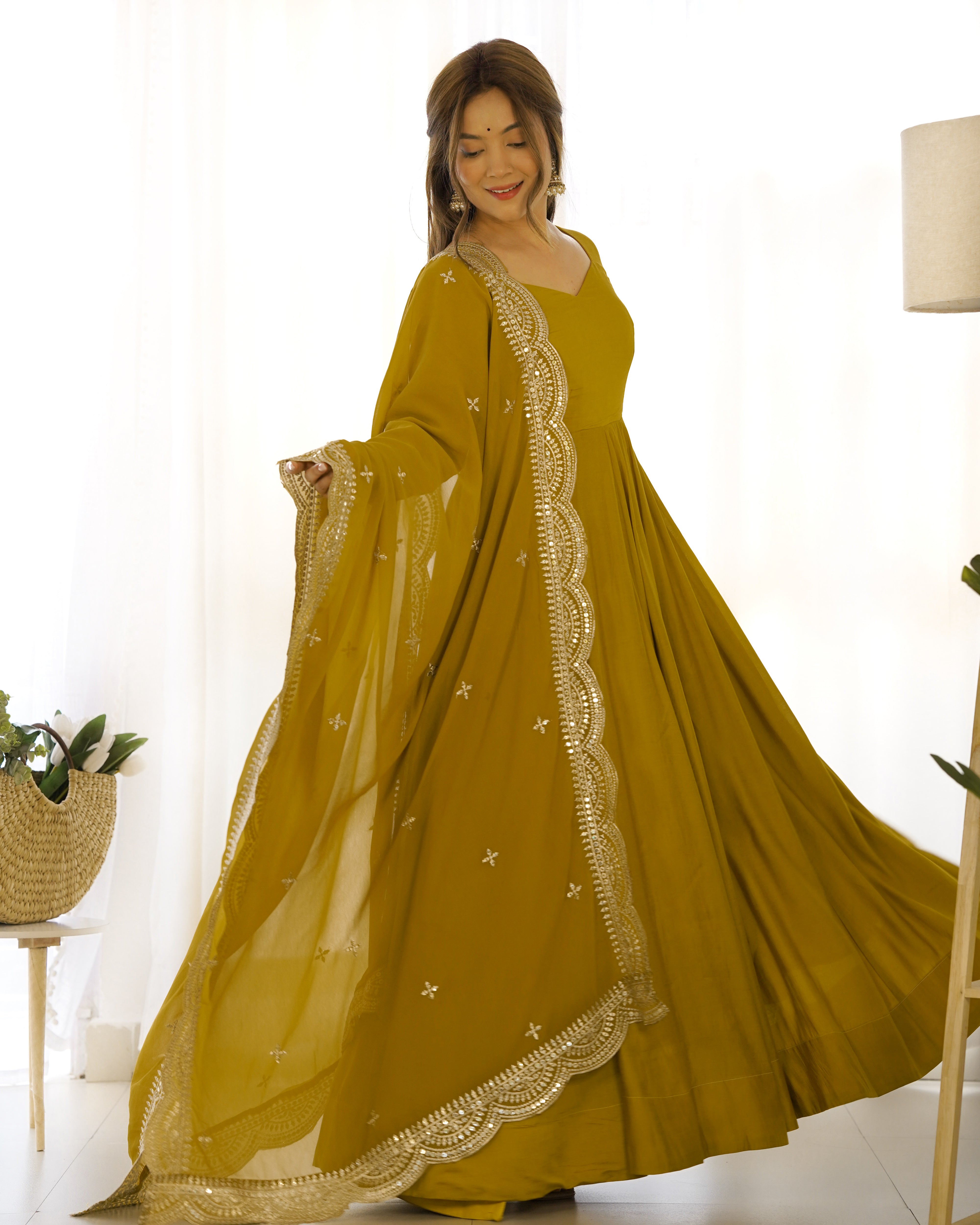 Perfect Functional Ceremonial Outfit in Anarkali Avatar Based in Roman Silk Chanderi Fabric Designer Suit for Upcoming Festivals and More Events