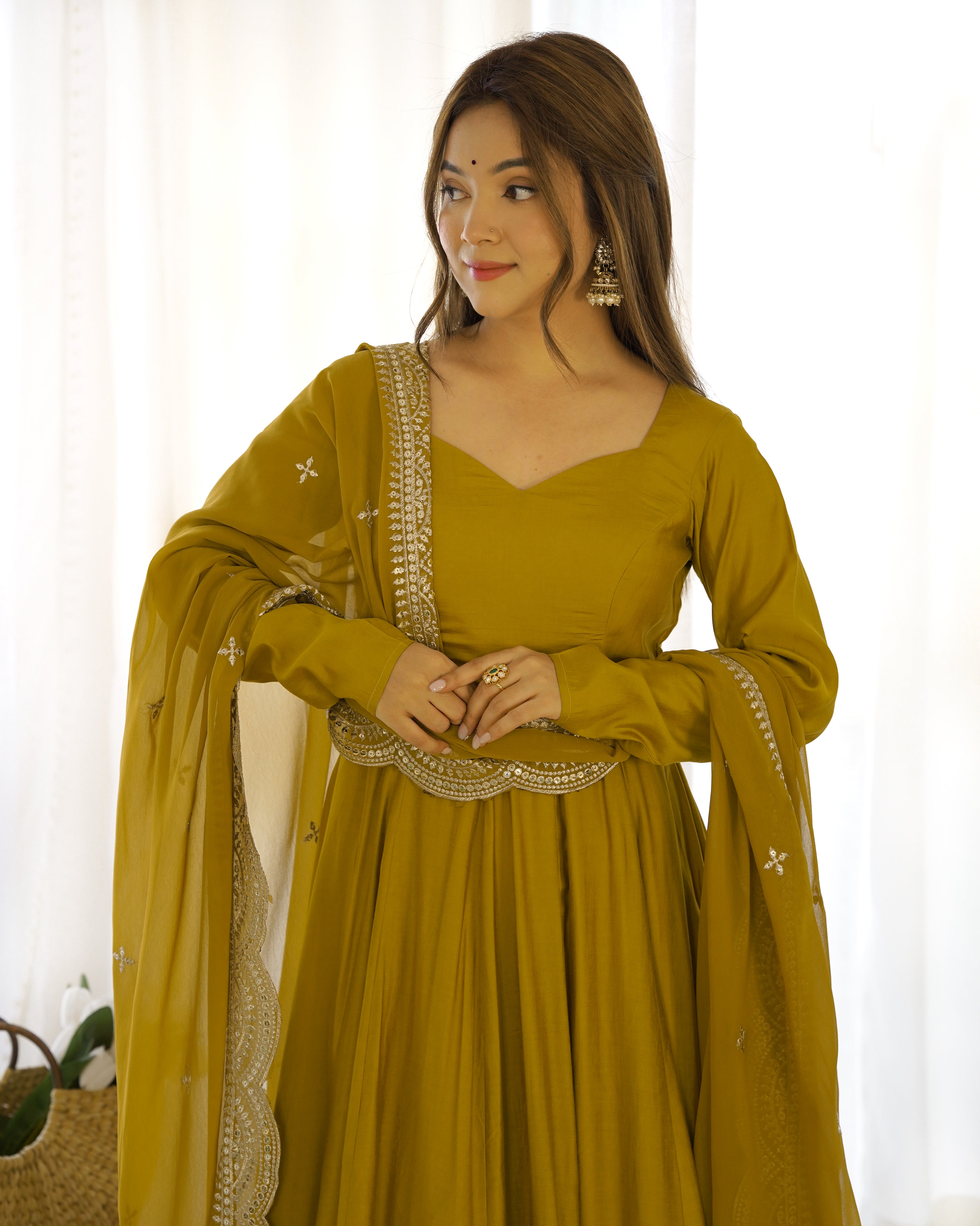 Perfect Functional Ceremonial Outfit in Anarkali Avatar Based in Roman Silk Chanderi Fabric Designer Suit for Upcoming Festivals and More Events