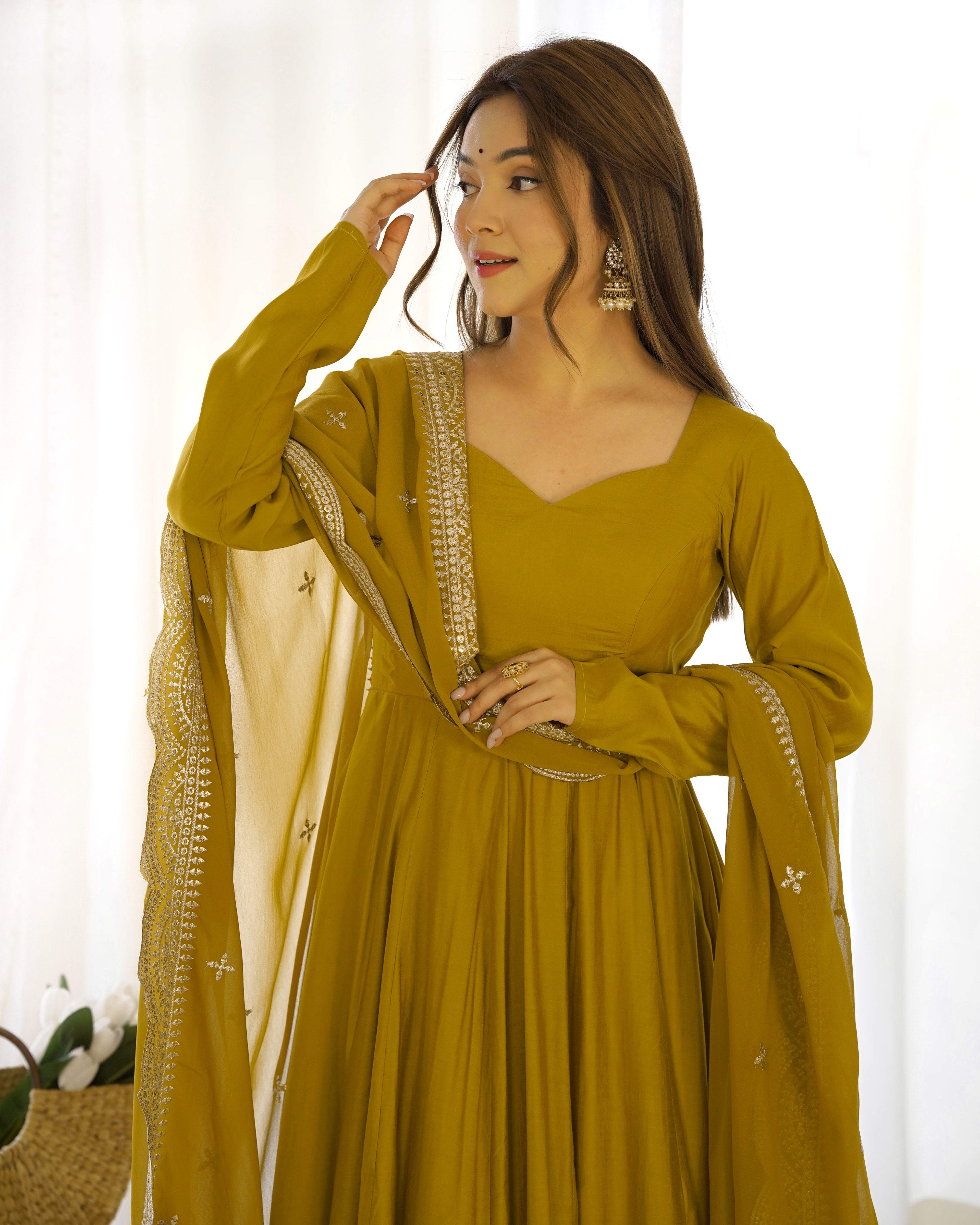 Perfect Functional Ceremonial Outfit in Anarkali Avatar Based in Roman Silk Chanderi Fabric Designer Suit for Upcoming Festivals and More Events