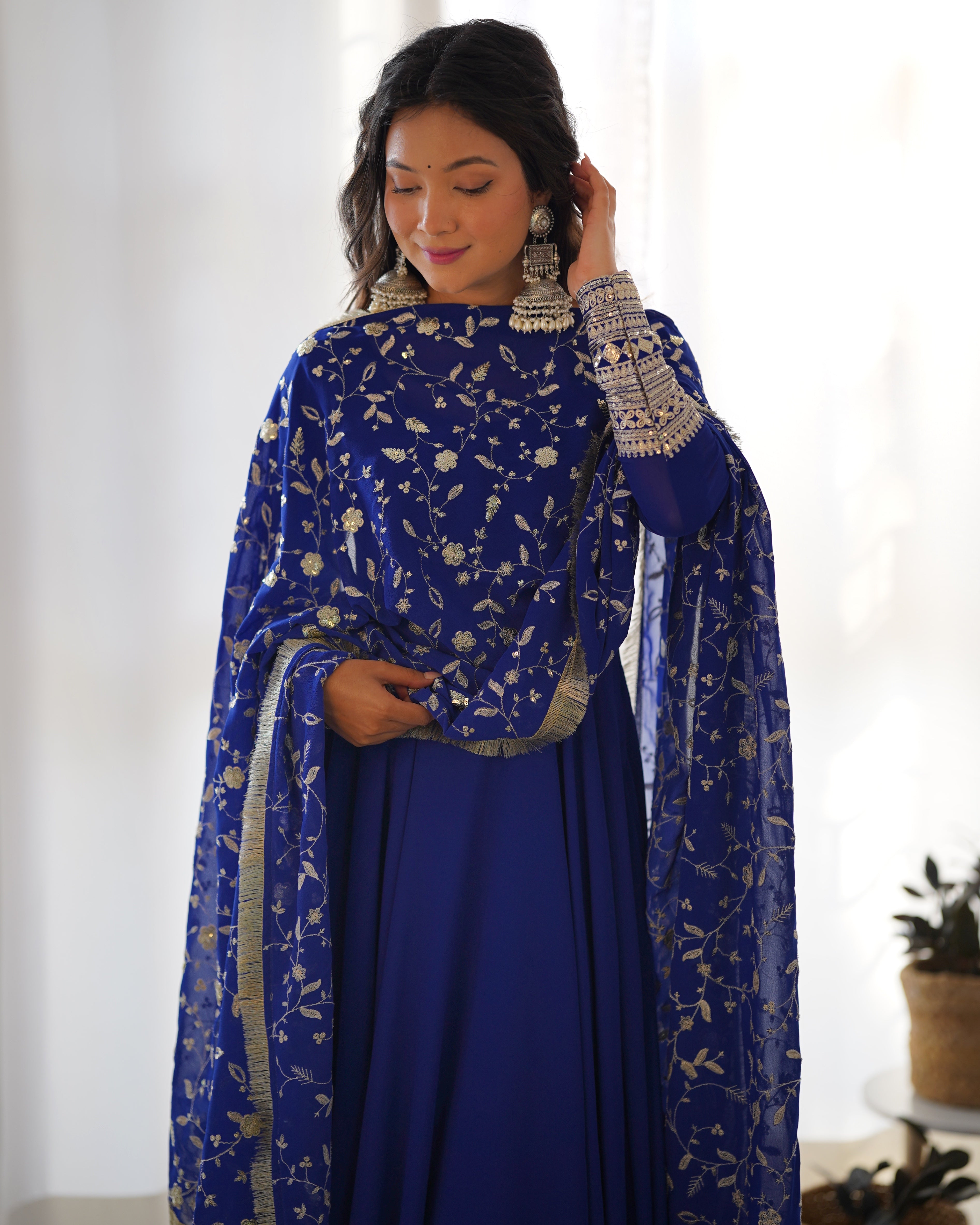 Blue Color Base Flairy Anarkali Suit with Pant and Dupatta Set for Upcoming Functions and Weddings