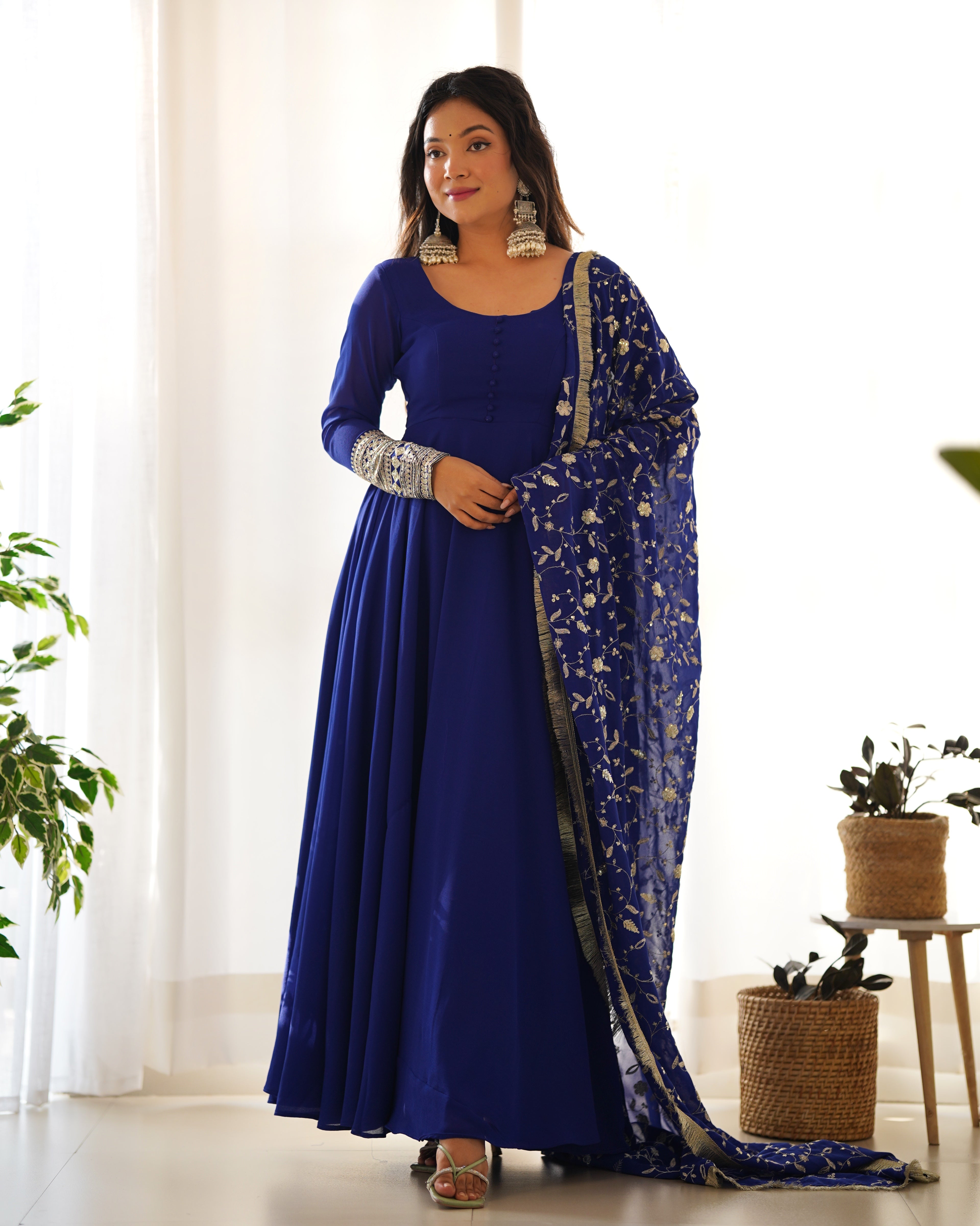 Blue Color Base Flairy Anarkali Suit with Pant and Dupatta Set for Upcoming Functions and Weddings