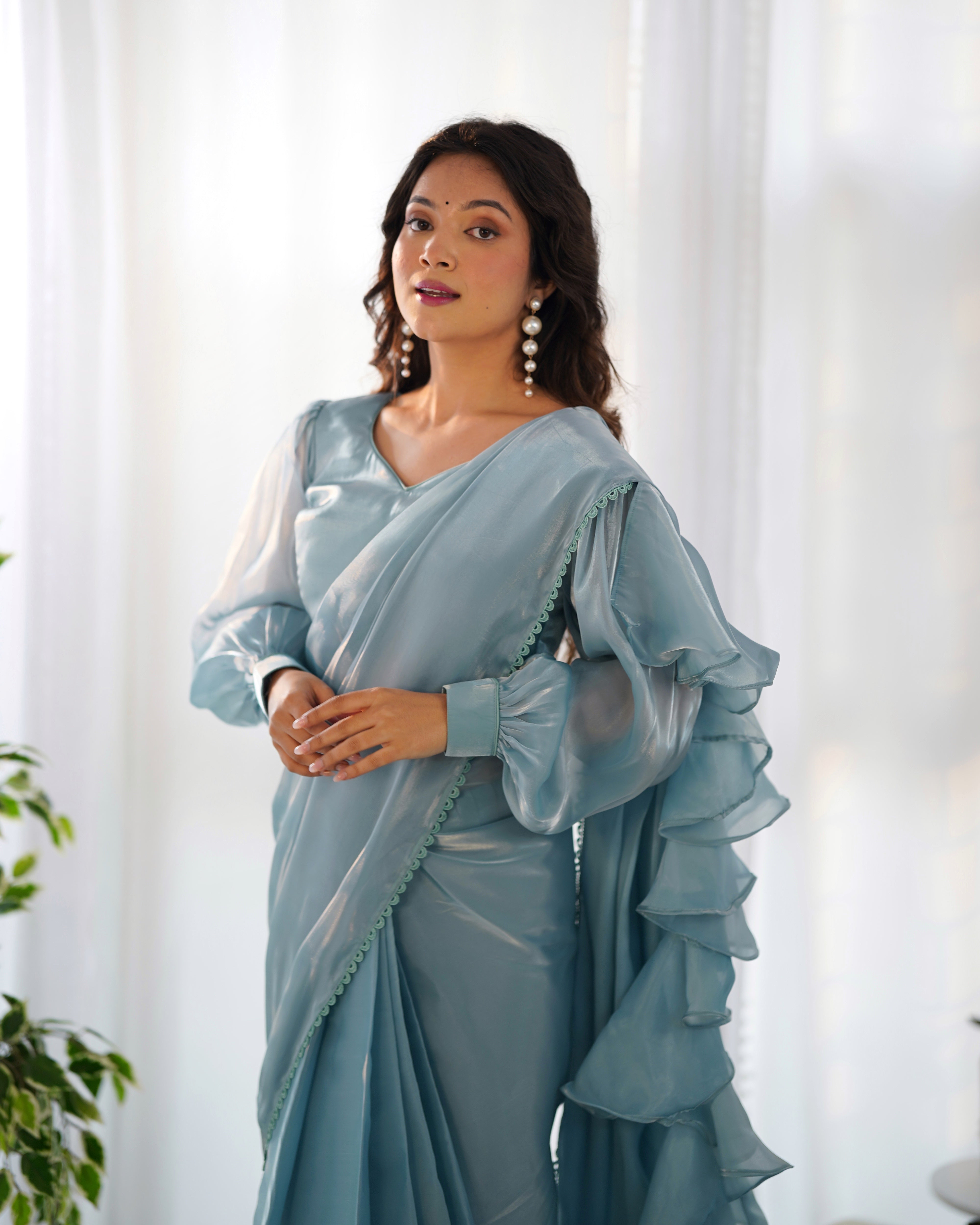 Classy Aqua Color Ready Wear Designer Hot Favorite Jimmy Choo Fabric Saree With Stitched Blouse Set