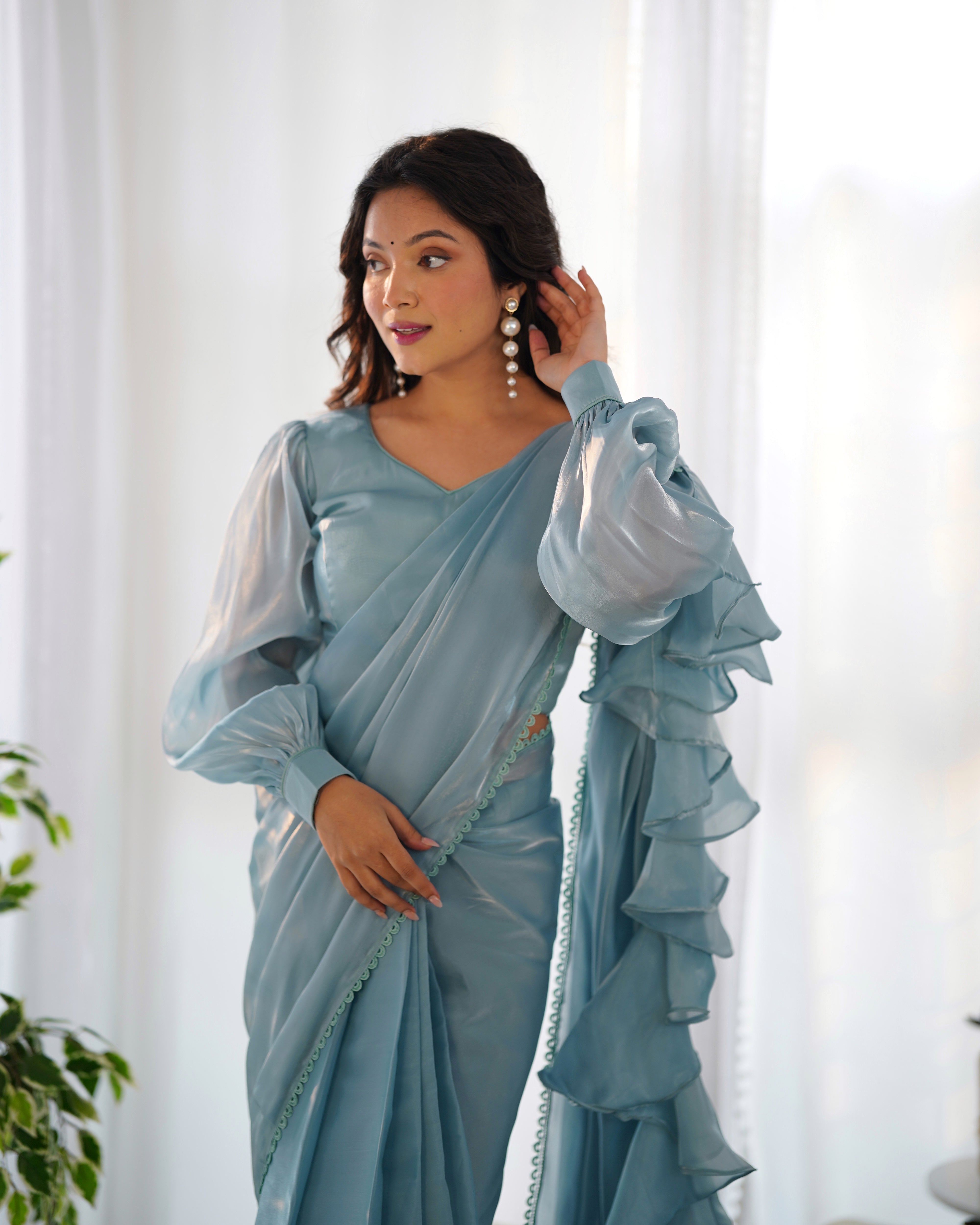 Classy Aqua Color Ready Wear Designer Hot Favorite Jimmy Choo Fabric Saree With Stitched Blouse Set