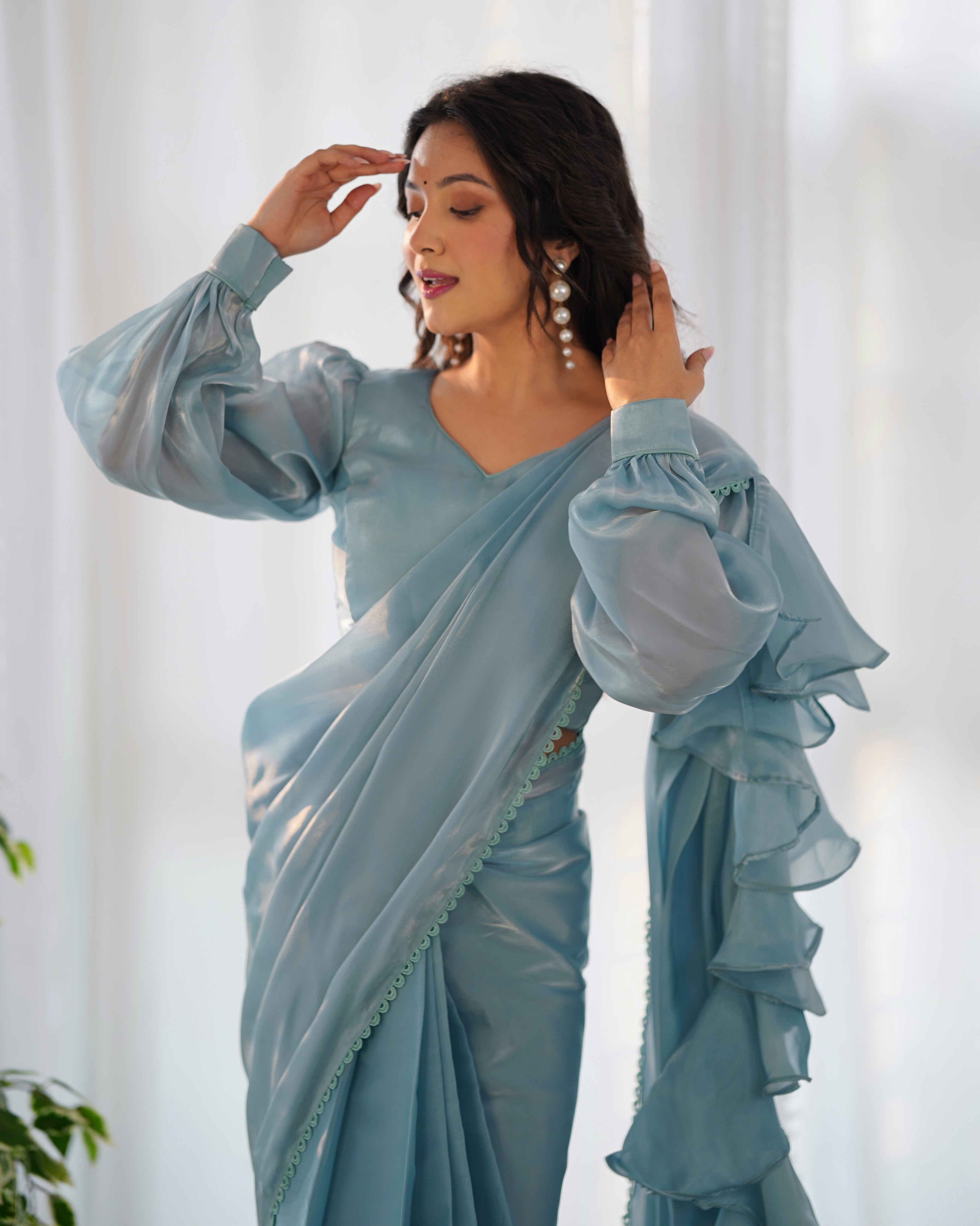 Classy Aqua Color Ready Wear Designer Hot Favorite Jimmy Choo Fabric Saree With Stitched Blouse Set