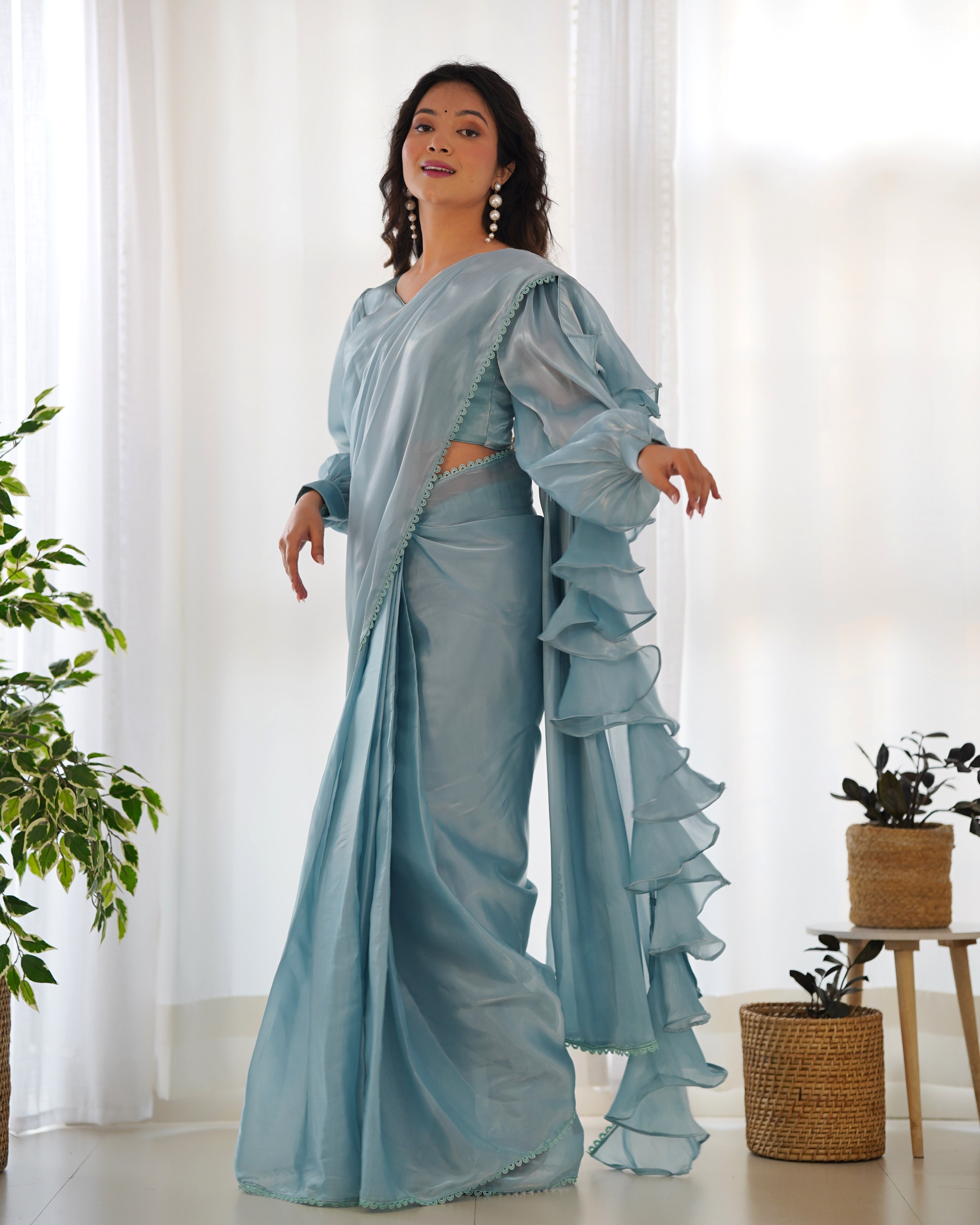 Classy Aqua Color Ready Wear Designer Hot Favorite Jimmy Choo Fabric Saree With Stitched Blouse Set