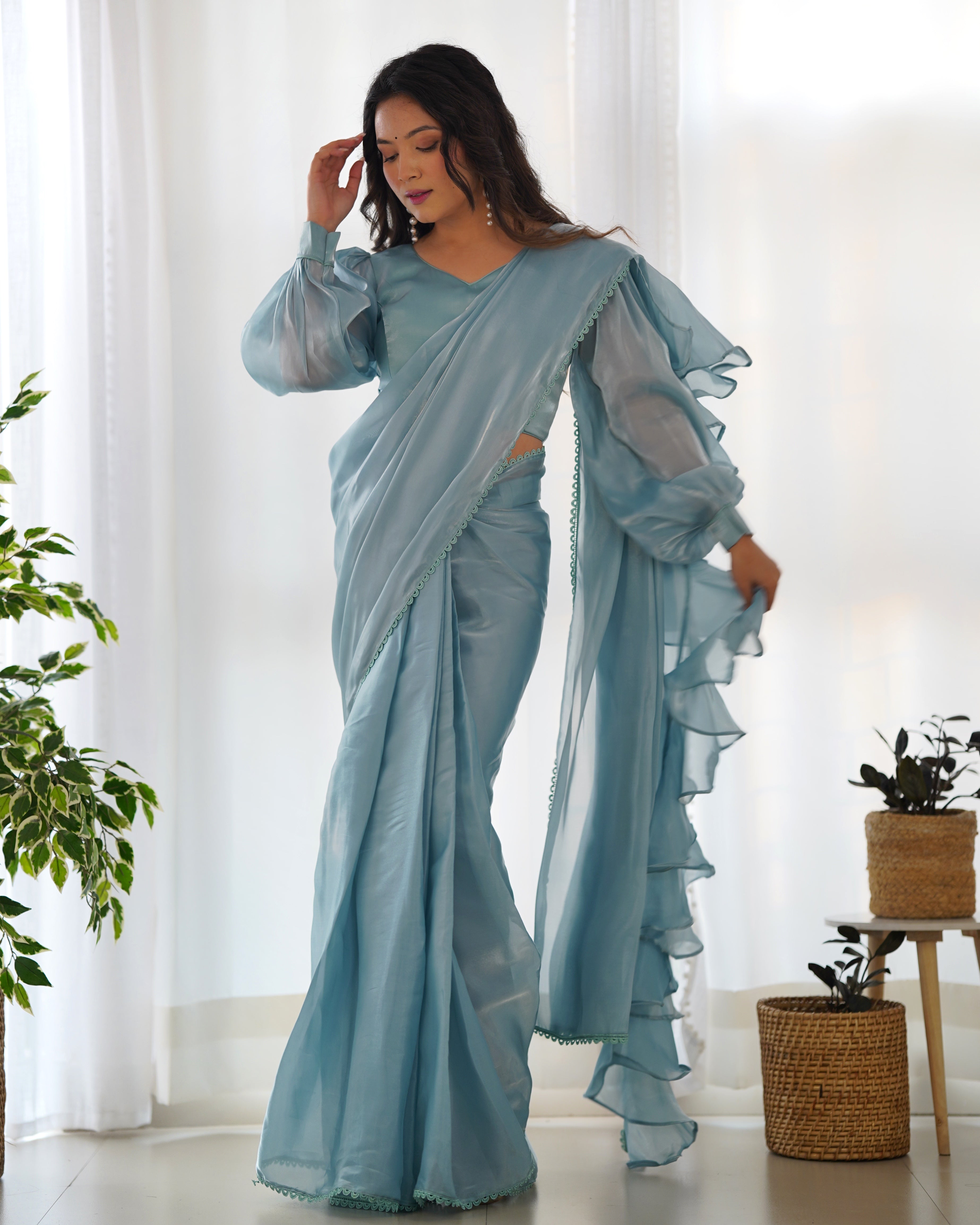 Classy Aqua Color Ready Wear Designer Hot Favorite Jimmy Choo Fabric Saree With Stitched Blouse Set