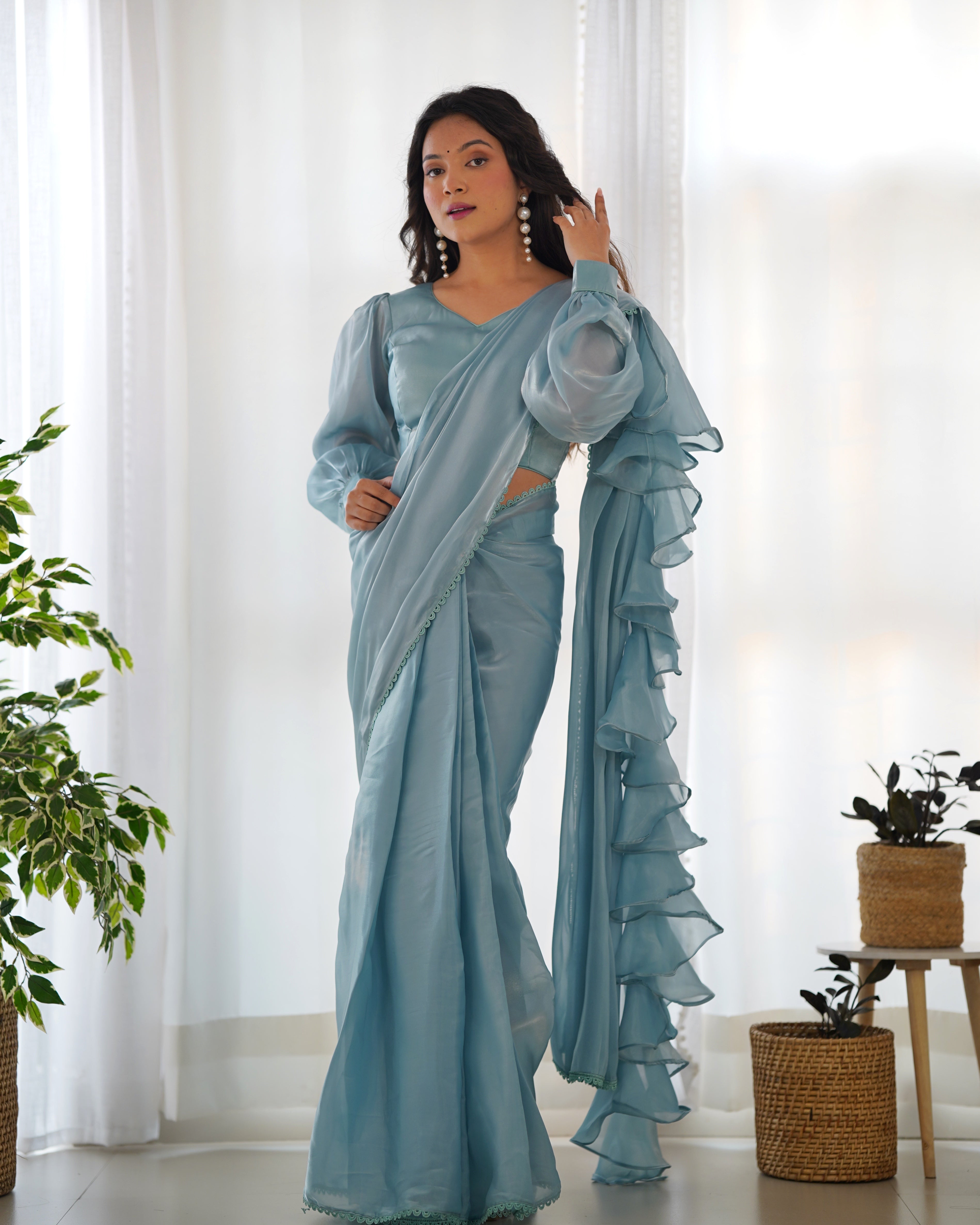 Classy Aqua Color Ready Wear Designer Hot Favorite Jimmy Choo Fabric Saree With Stitched Blouse Set