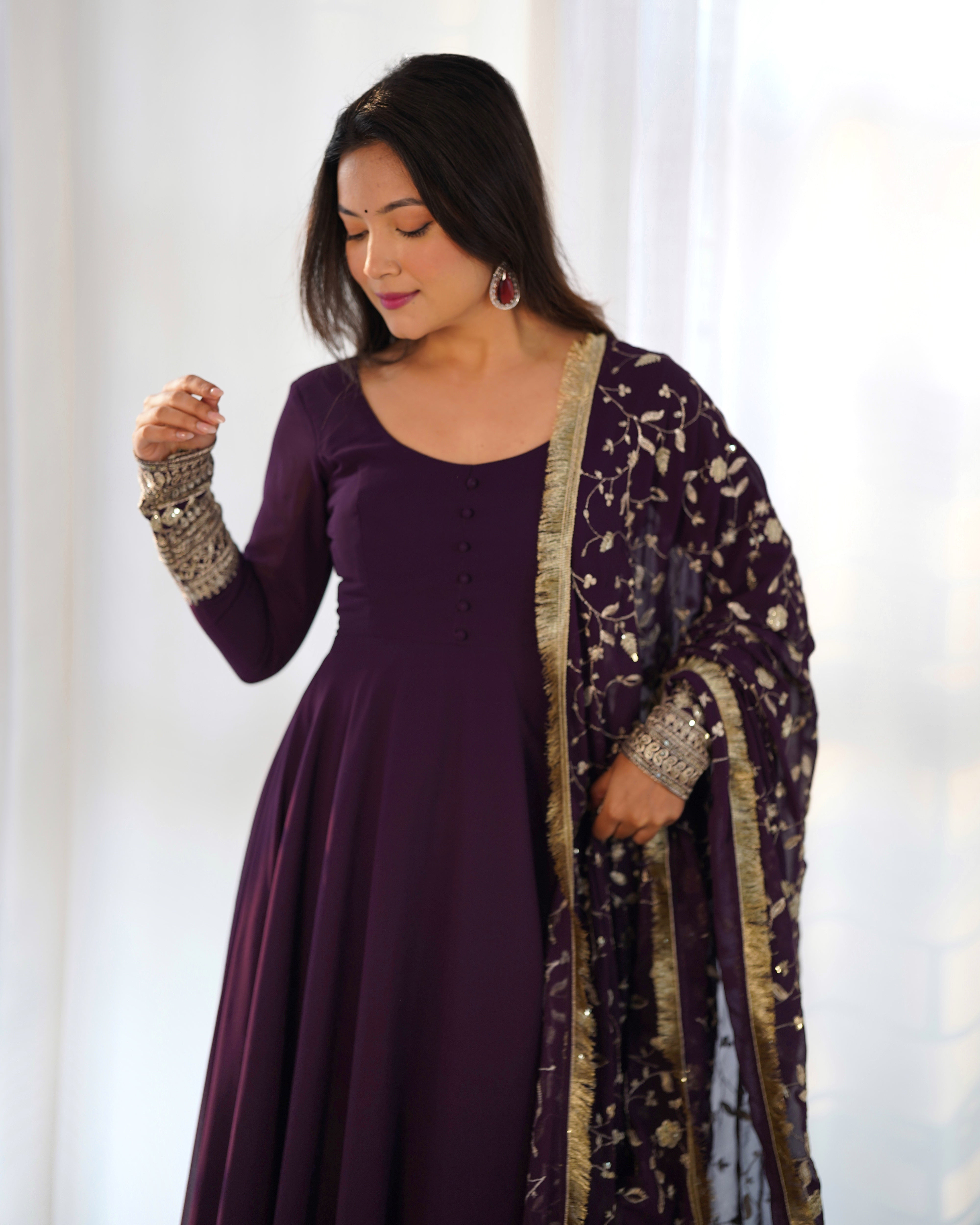 Wine Color Base Flairy Anarkali Suit with Pant and Dupatta Set for Upcoming Functions and Weddings