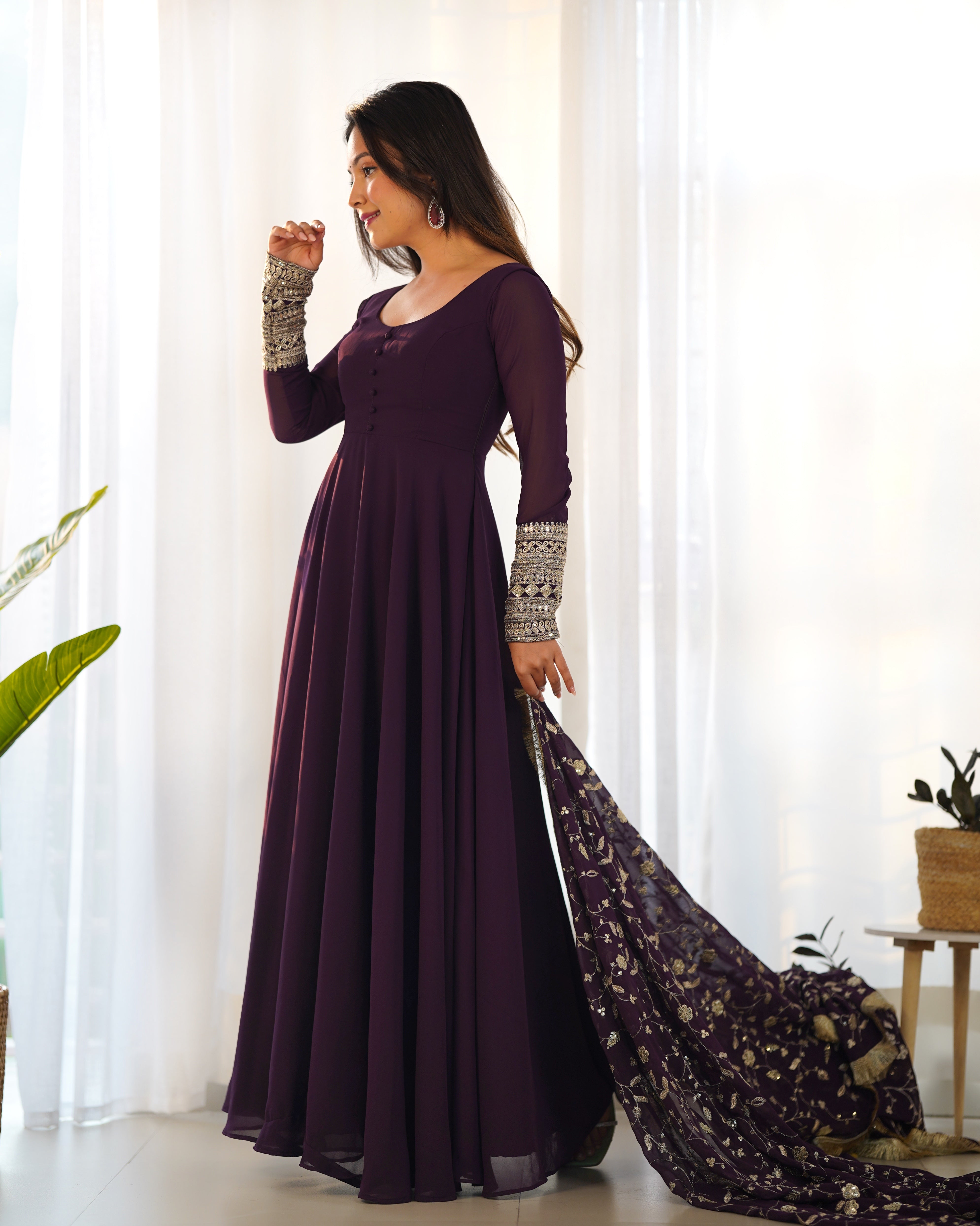 Wine Color Base Flairy Anarkali Suit with Pant and Dupatta Set for Upcoming Functions and Weddings