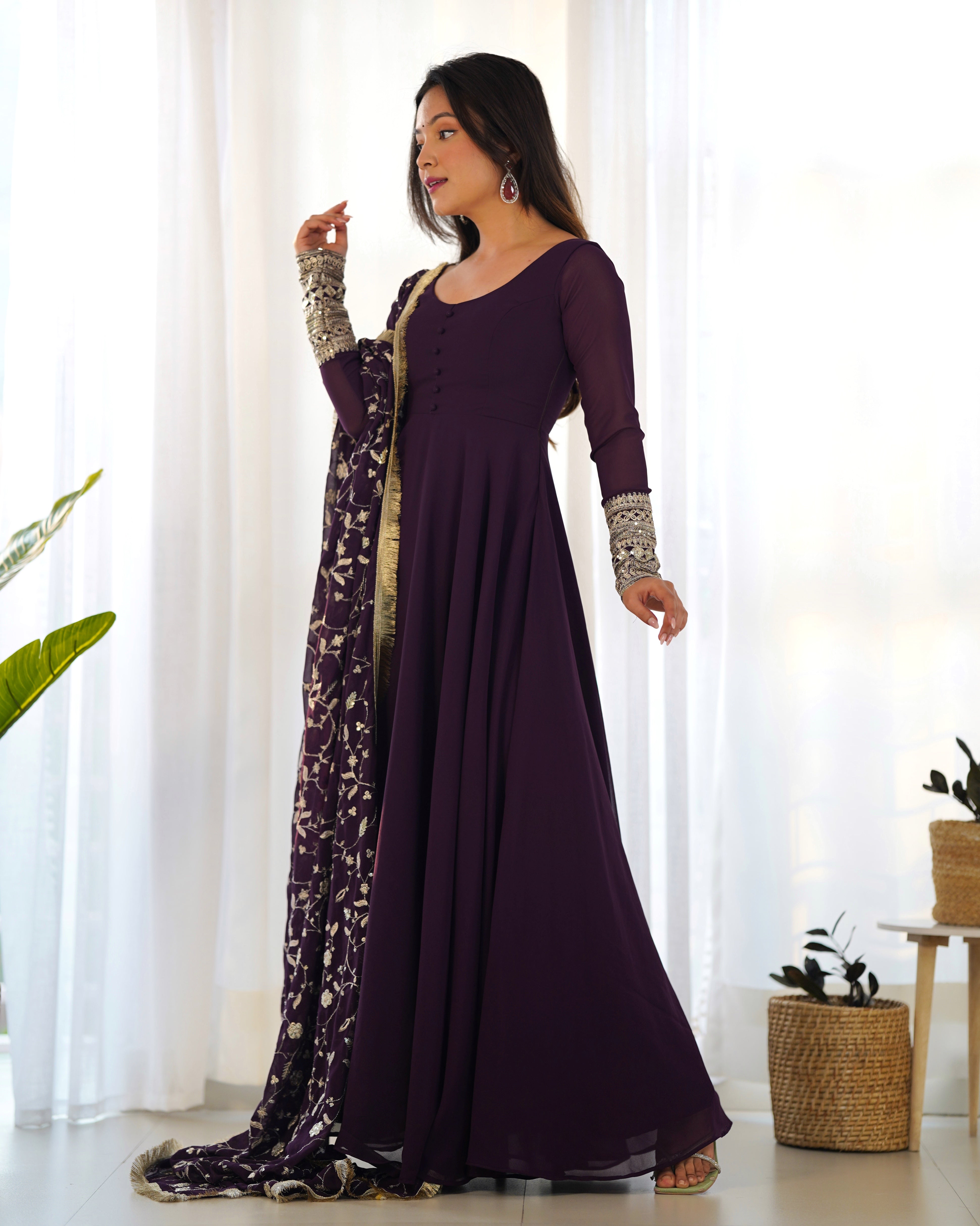 Wine Color Base Flairy Anarkali Suit with Pant and Dupatta Set for Upcoming Functions and Weddings