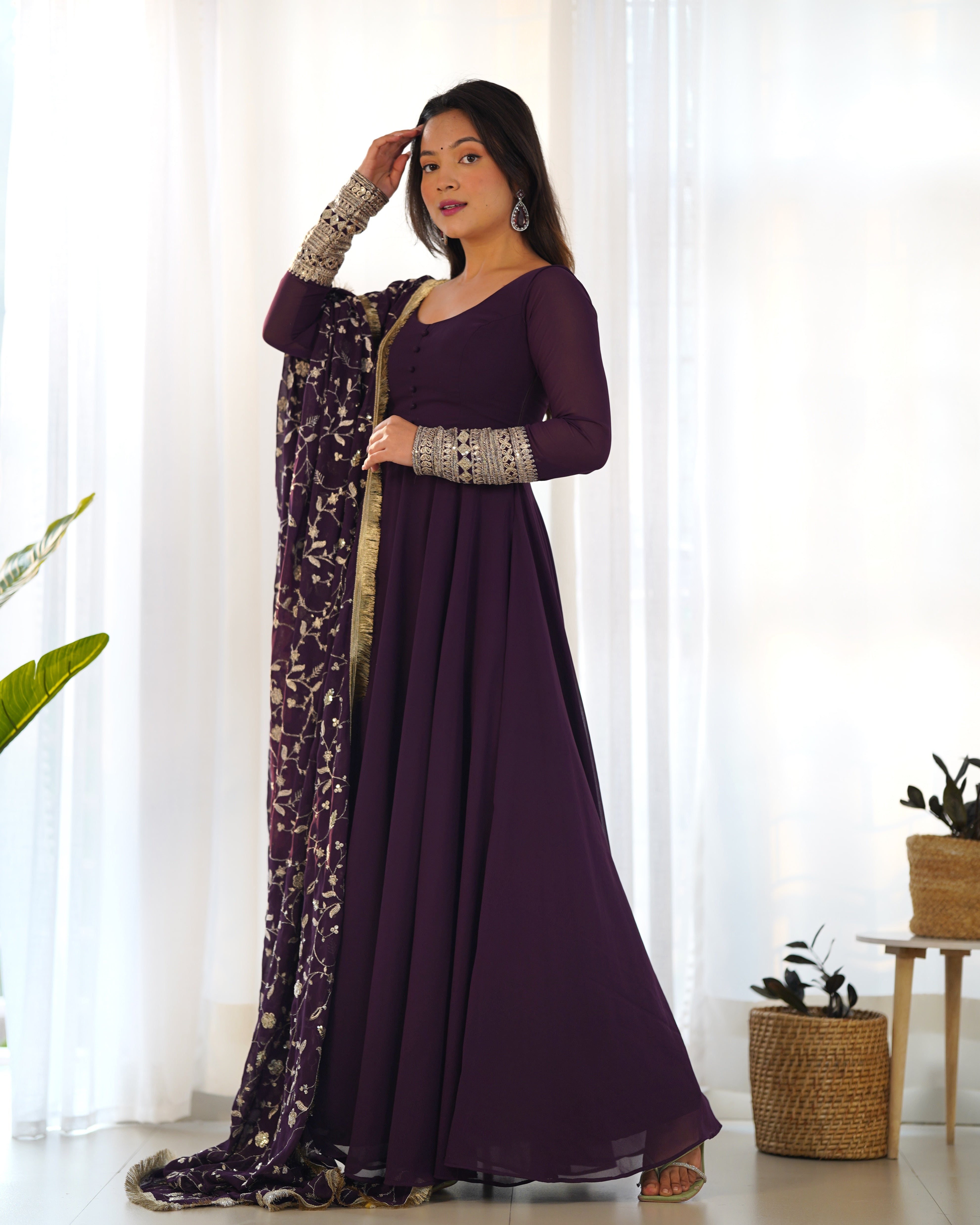 Wine Color Base Flairy Anarkali Suit with Pant and Dupatta Set for Upcoming Functions and Weddings