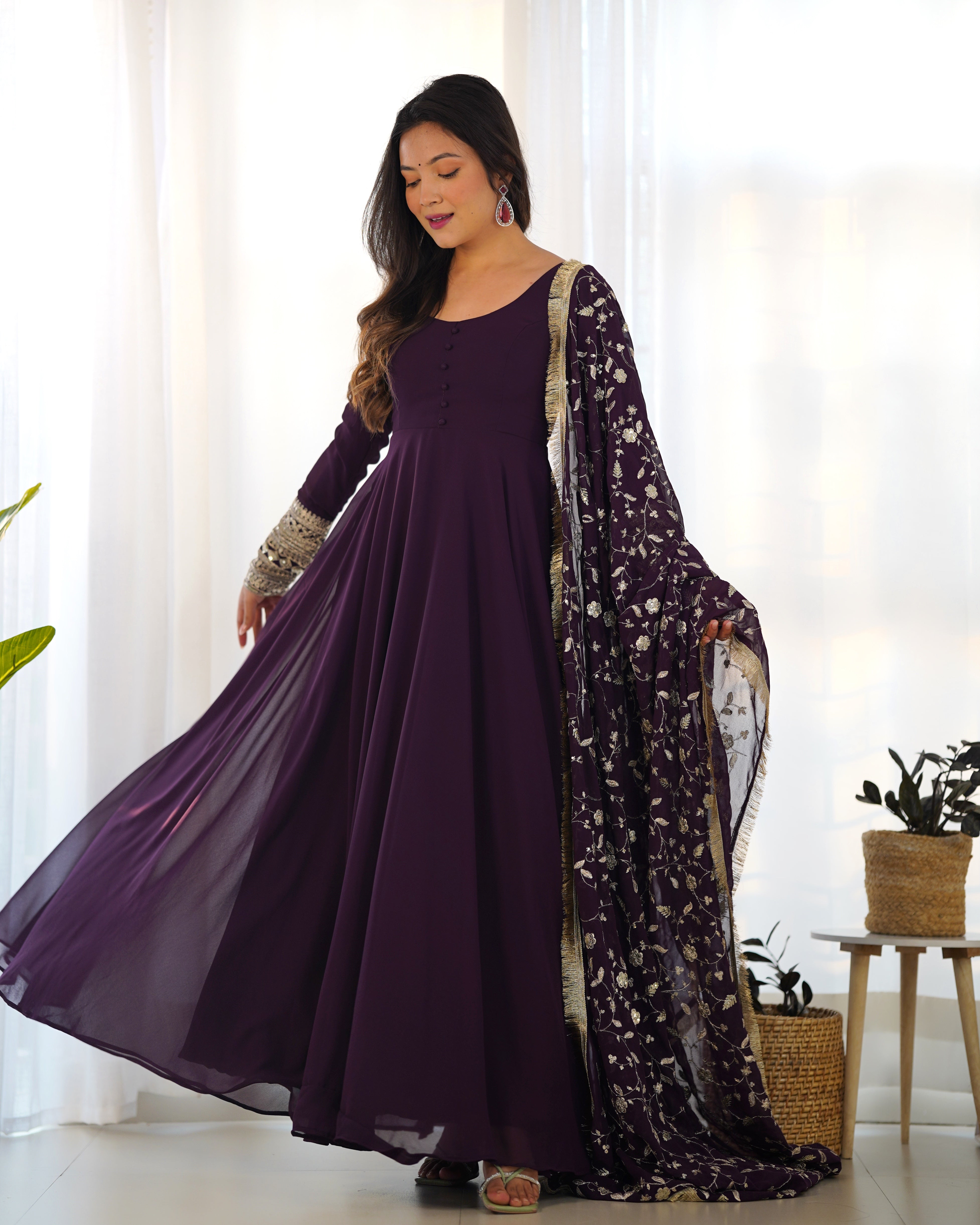 Wine Color Base Flairy Anarkali Suit with Pant and Dupatta Set for Upcoming Functions and Weddings