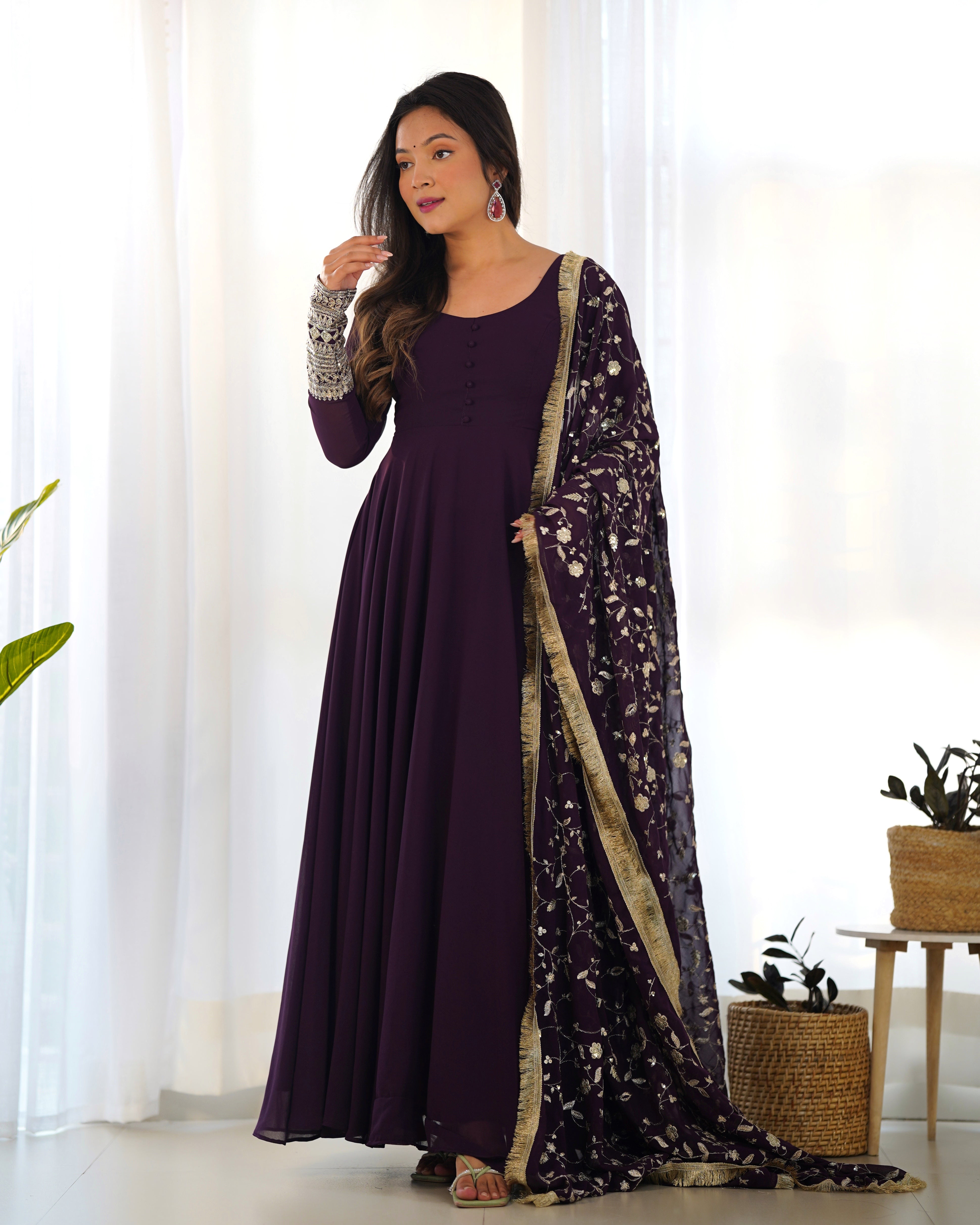 Wine Color Base Flairy Anarkali Suit with Pant and Dupatta Set for Upcoming Functions and Weddings