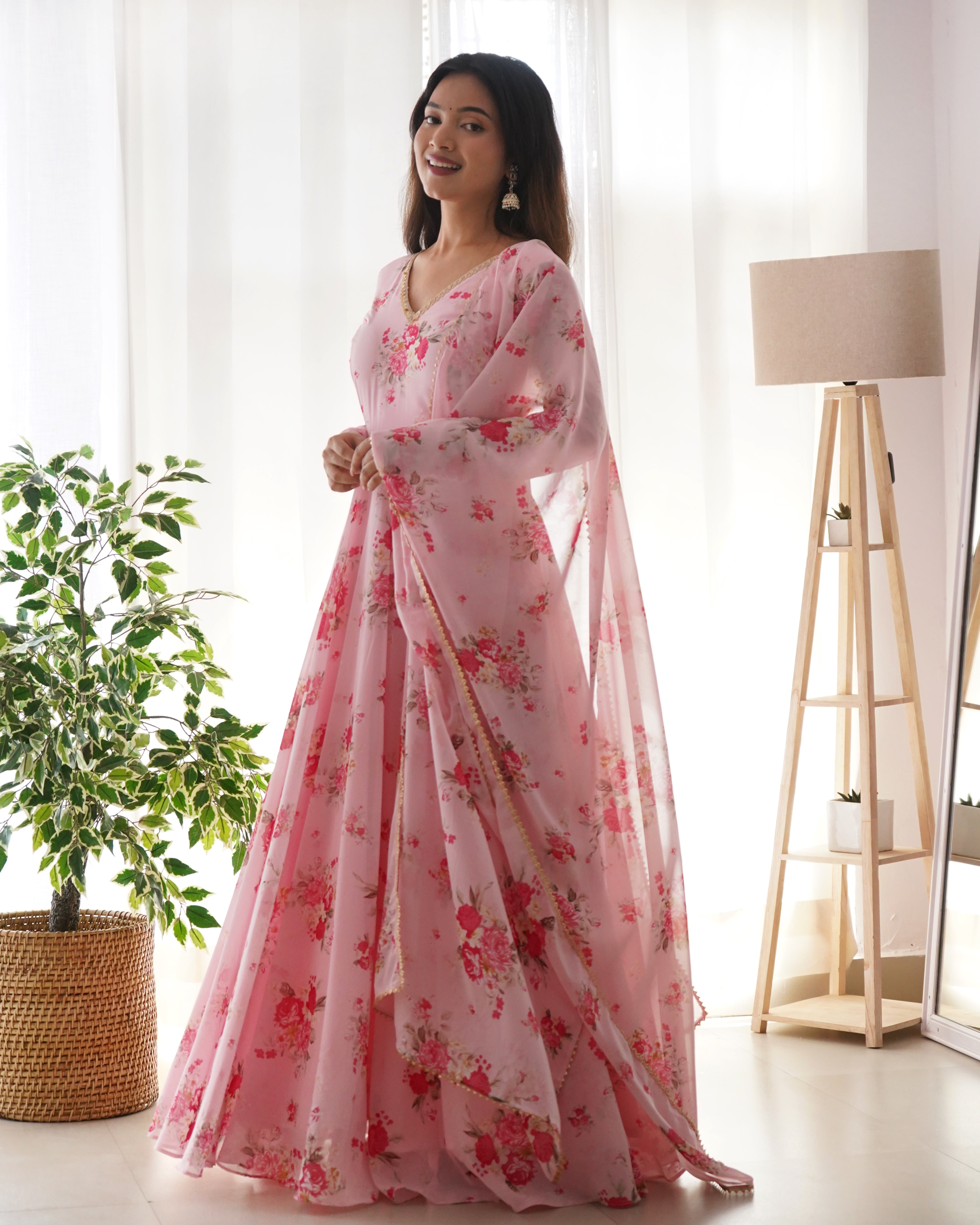 Pretty Pink Color Faux Georgette Base Party Wear Style Suit With Dupatta Set