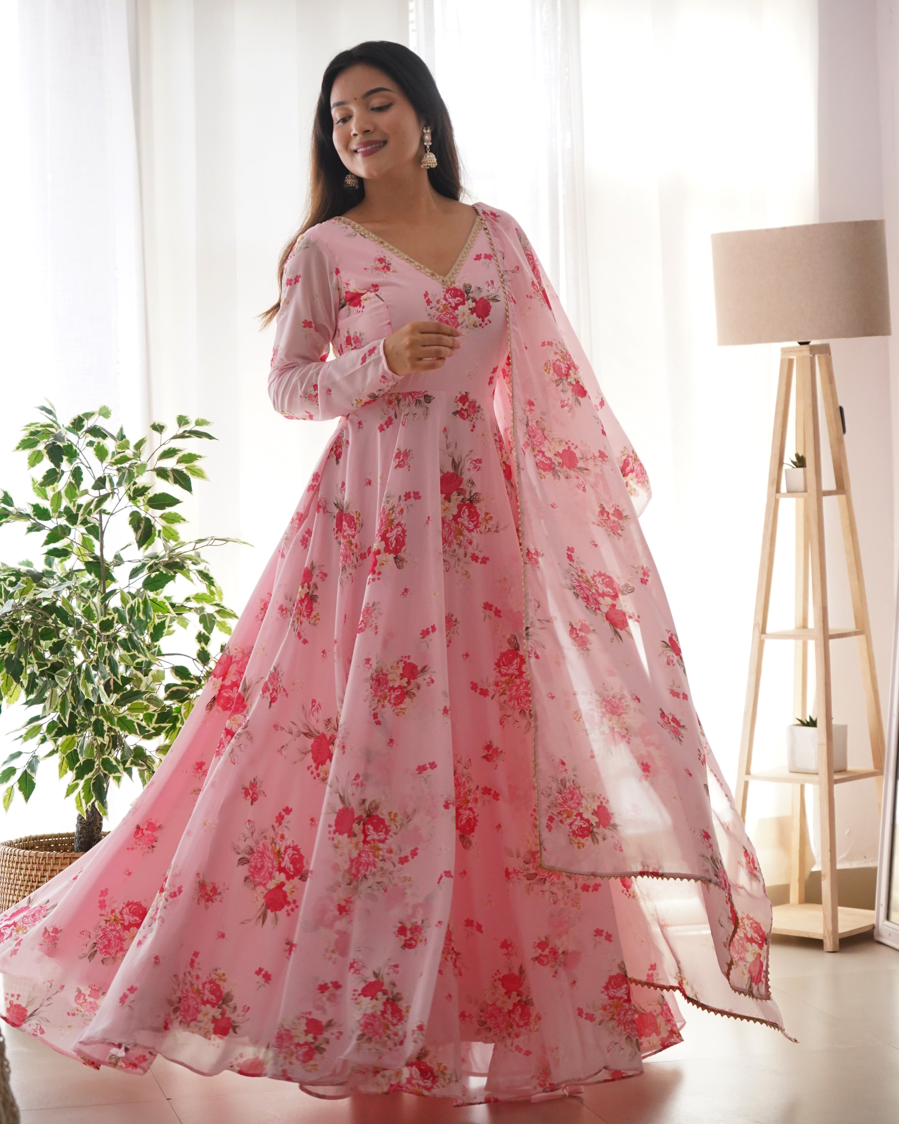 Pretty Pink Color Faux Georgette Base Party Wear Style Suit With Dupatta Set