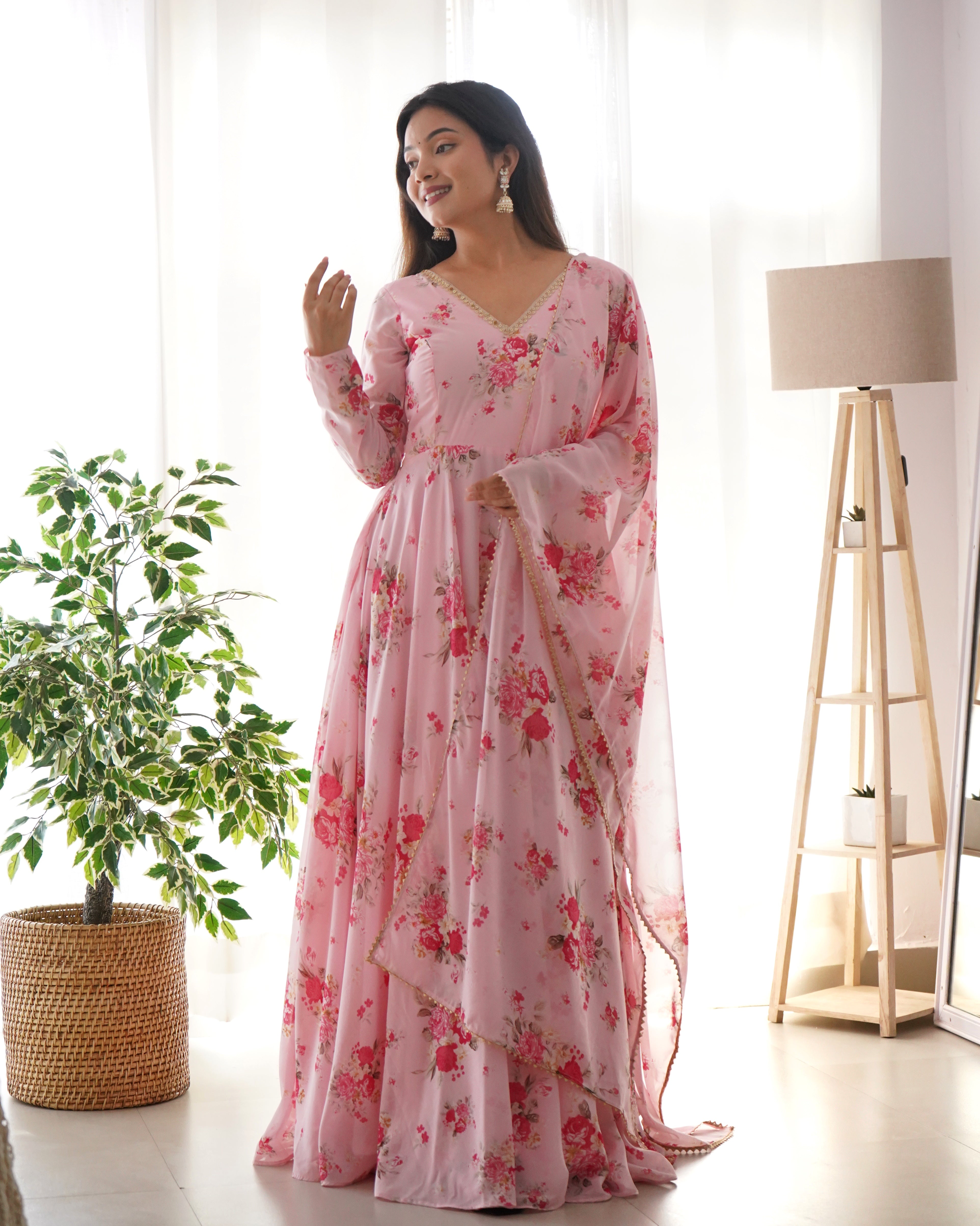 Pretty Pink Color Faux Georgette Base Party Wear Style Suit With Dupatta Set