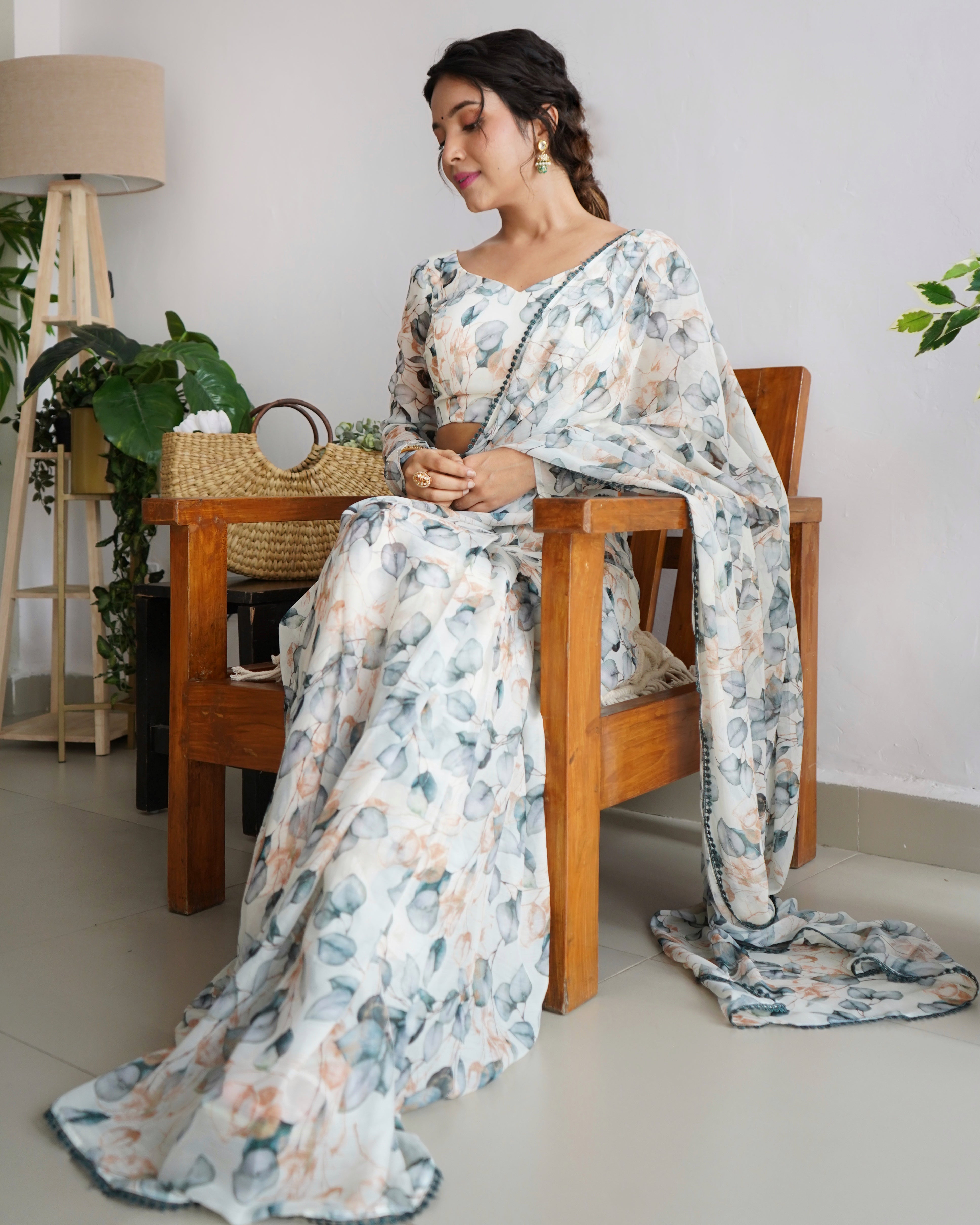 Floral Multi Printed Ready Wear Designer Chiffon Fabric Saree With Stitched Blouse Set