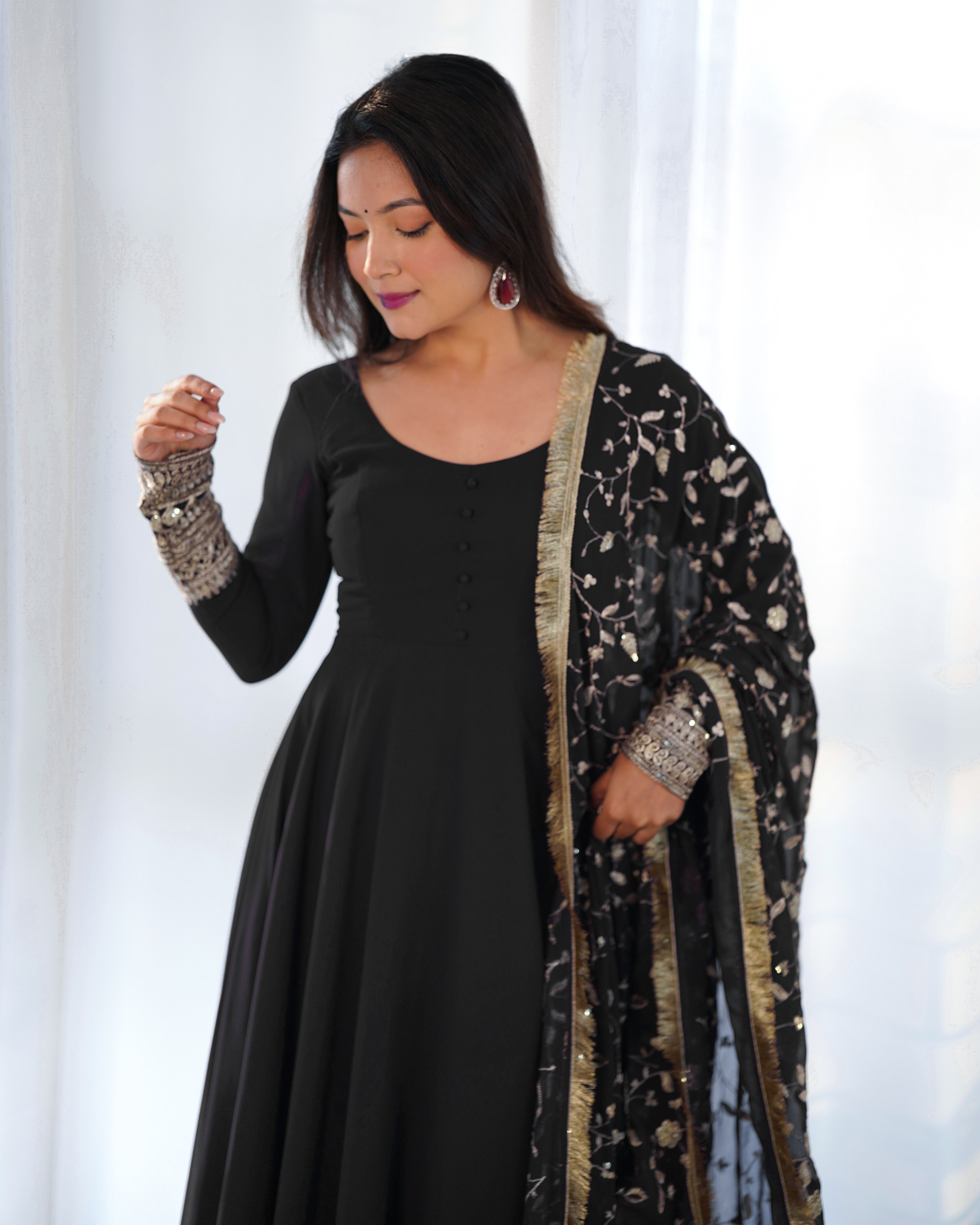 Black Color Base Flairy Anarkali Suit with Pant and Dupatta Set for Upcoming Functions and Weddings