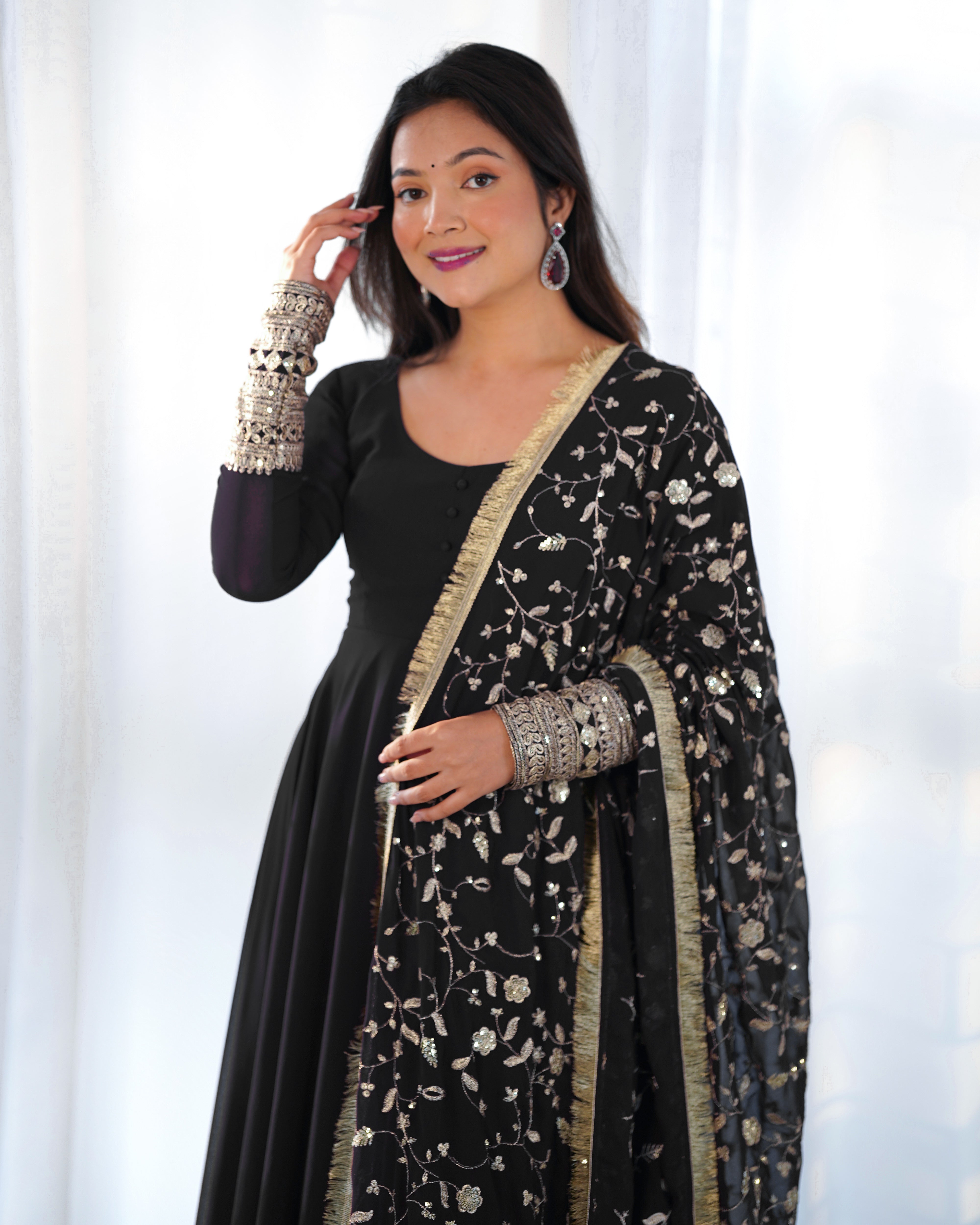 Black Color Base Flairy Anarkali Suit with Pant and Dupatta Set for Upcoming Functions and Weddings