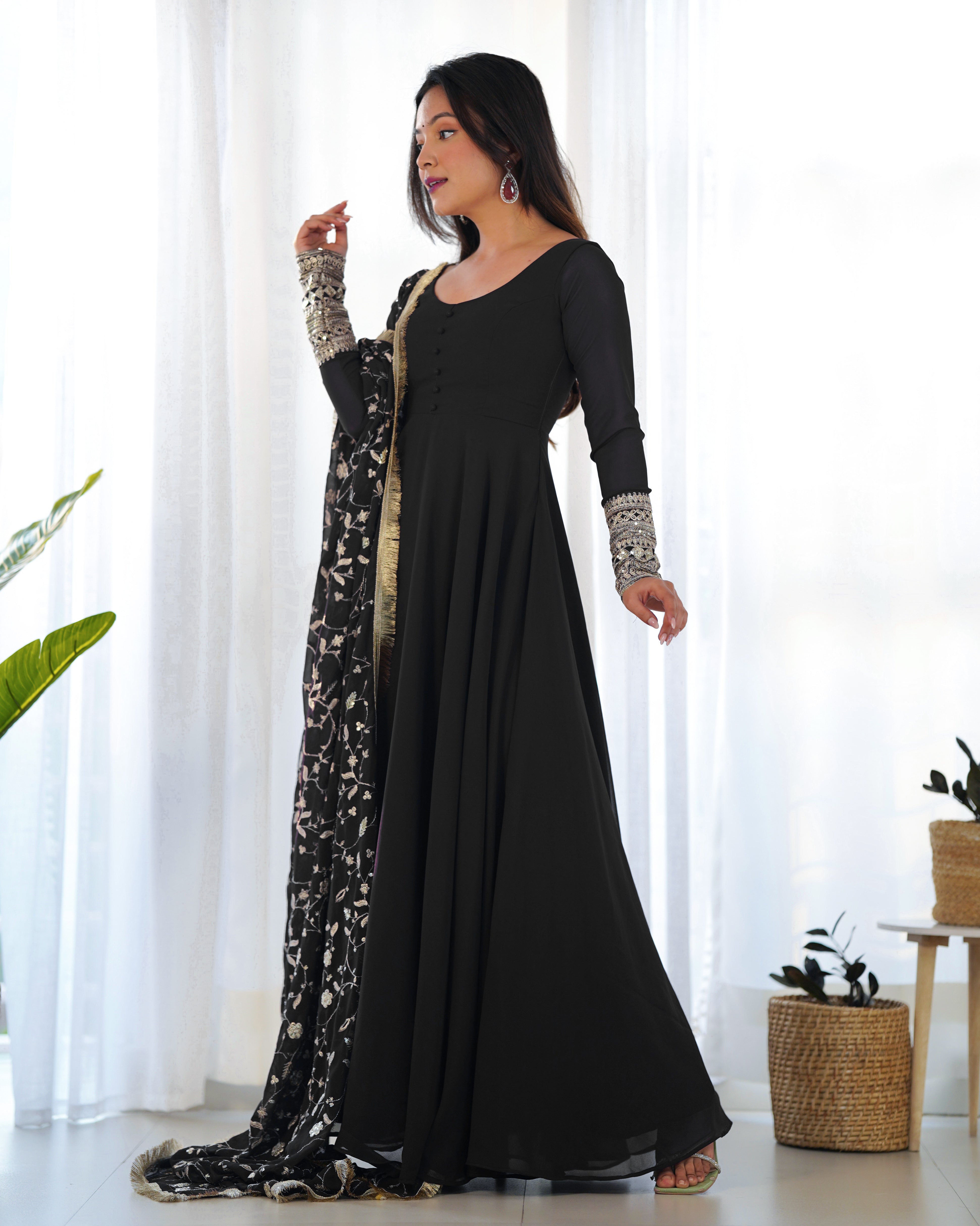 Black Color Base Flairy Anarkali Suit with Pant and Dupatta Set for Upcoming Functions and Weddings