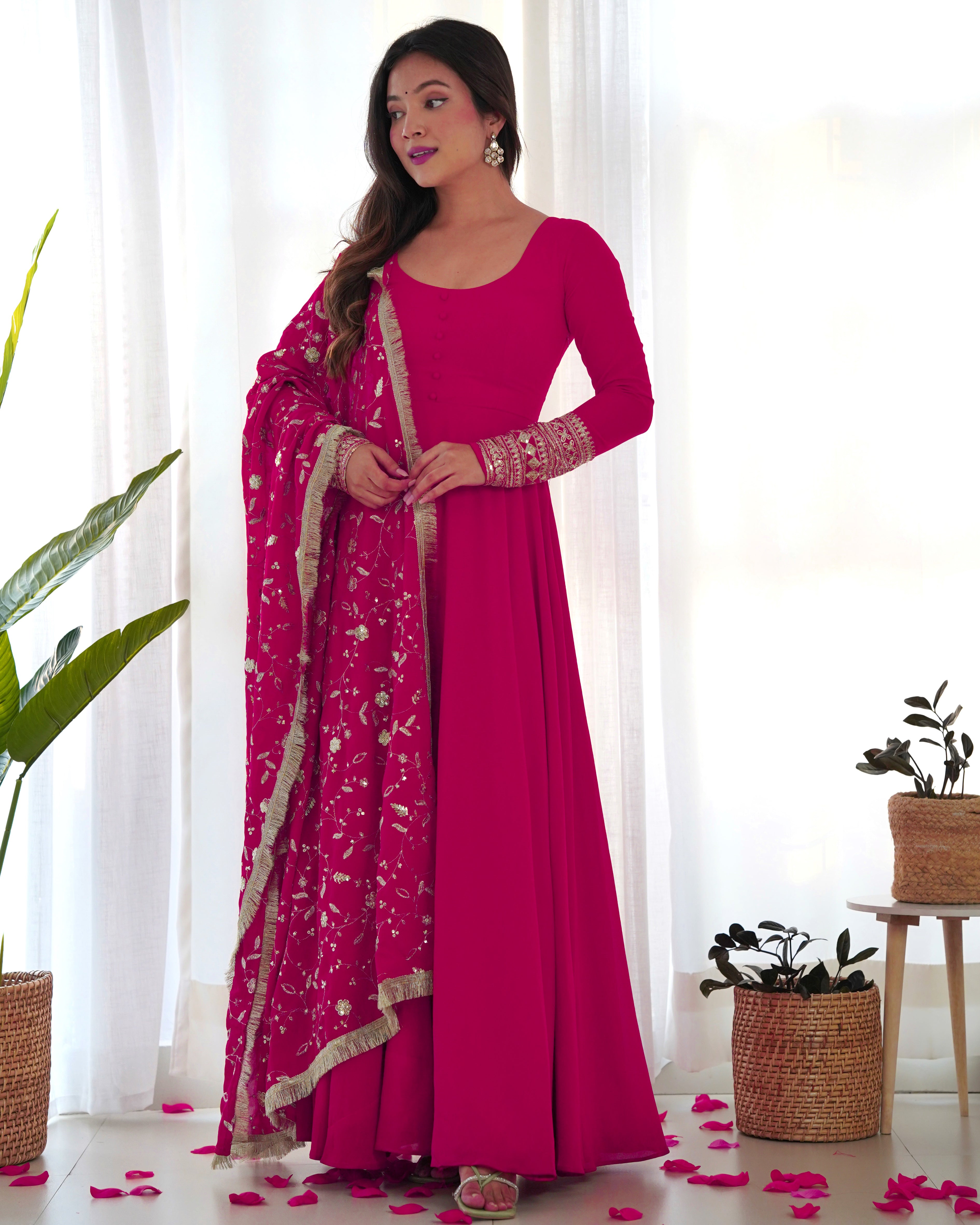 Pink Color Base Flairy Anarkali Suit with Pant and Dupatta Set for Upcoming Functions and Weddings