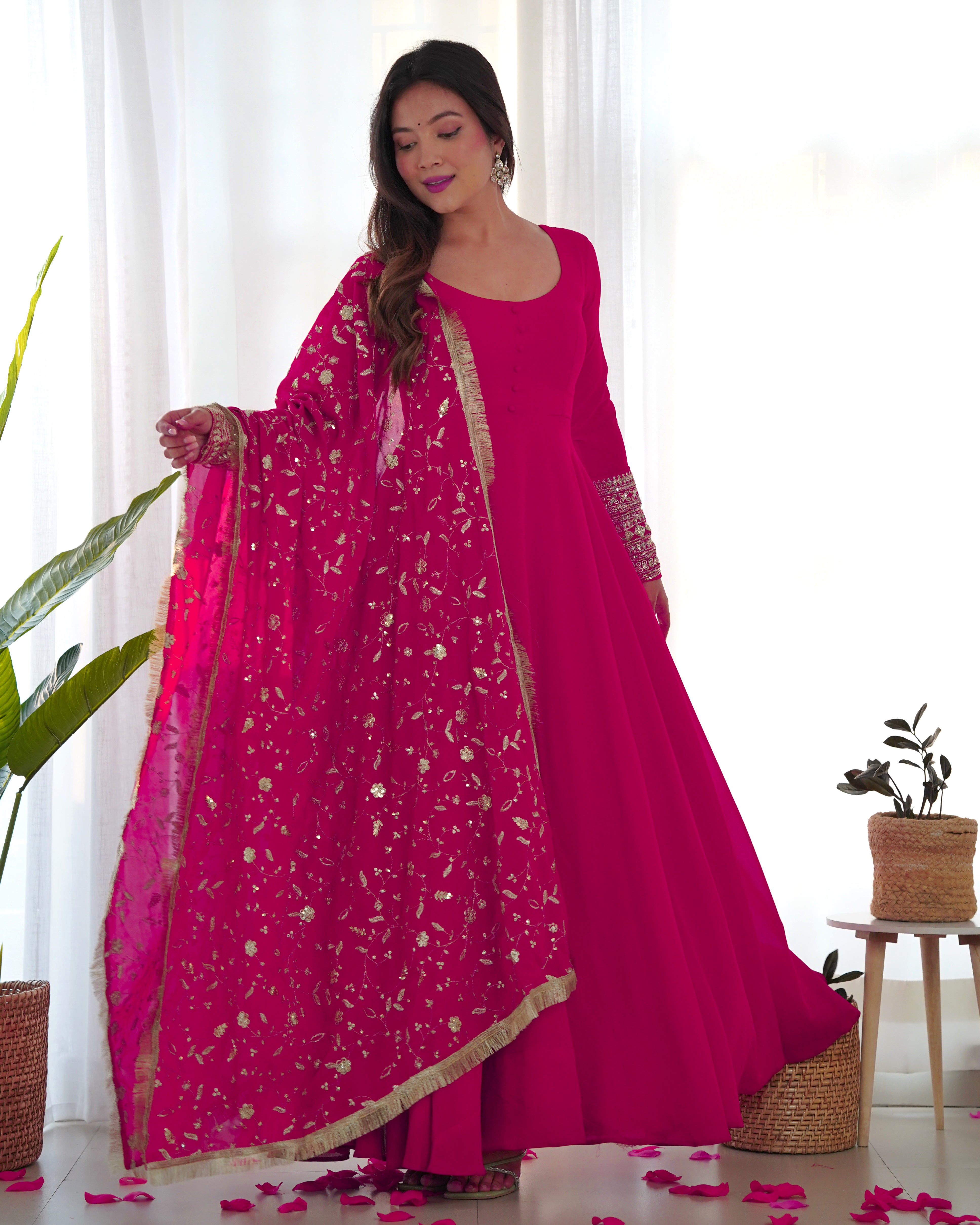 Pink Color Base Flairy Anarkali Suit with Pant and Dupatta Set for Upcoming Functions and Weddings