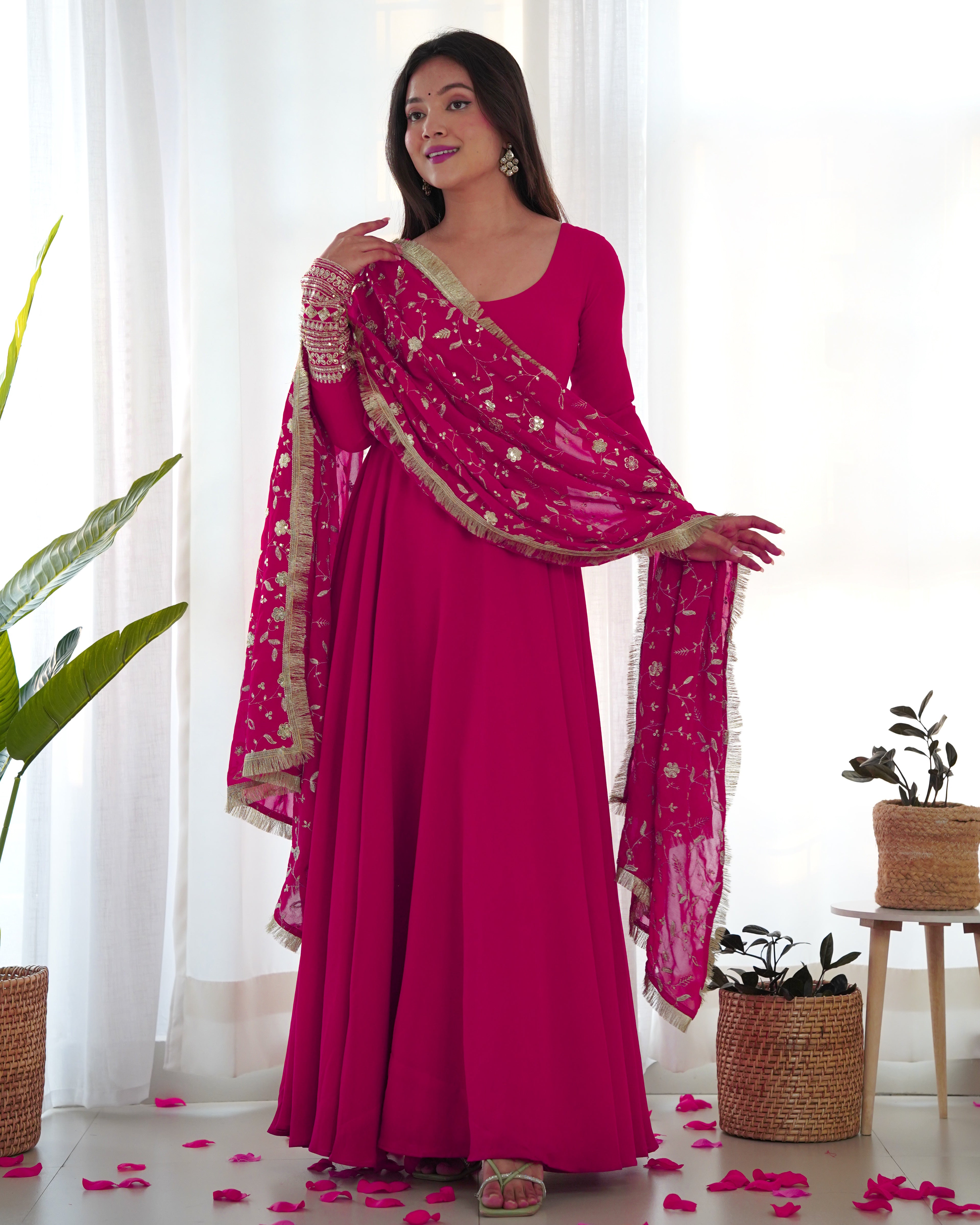 Pink Color Base Flairy Anarkali Suit with Pant and Dupatta Set for Upcoming Functions and Weddings