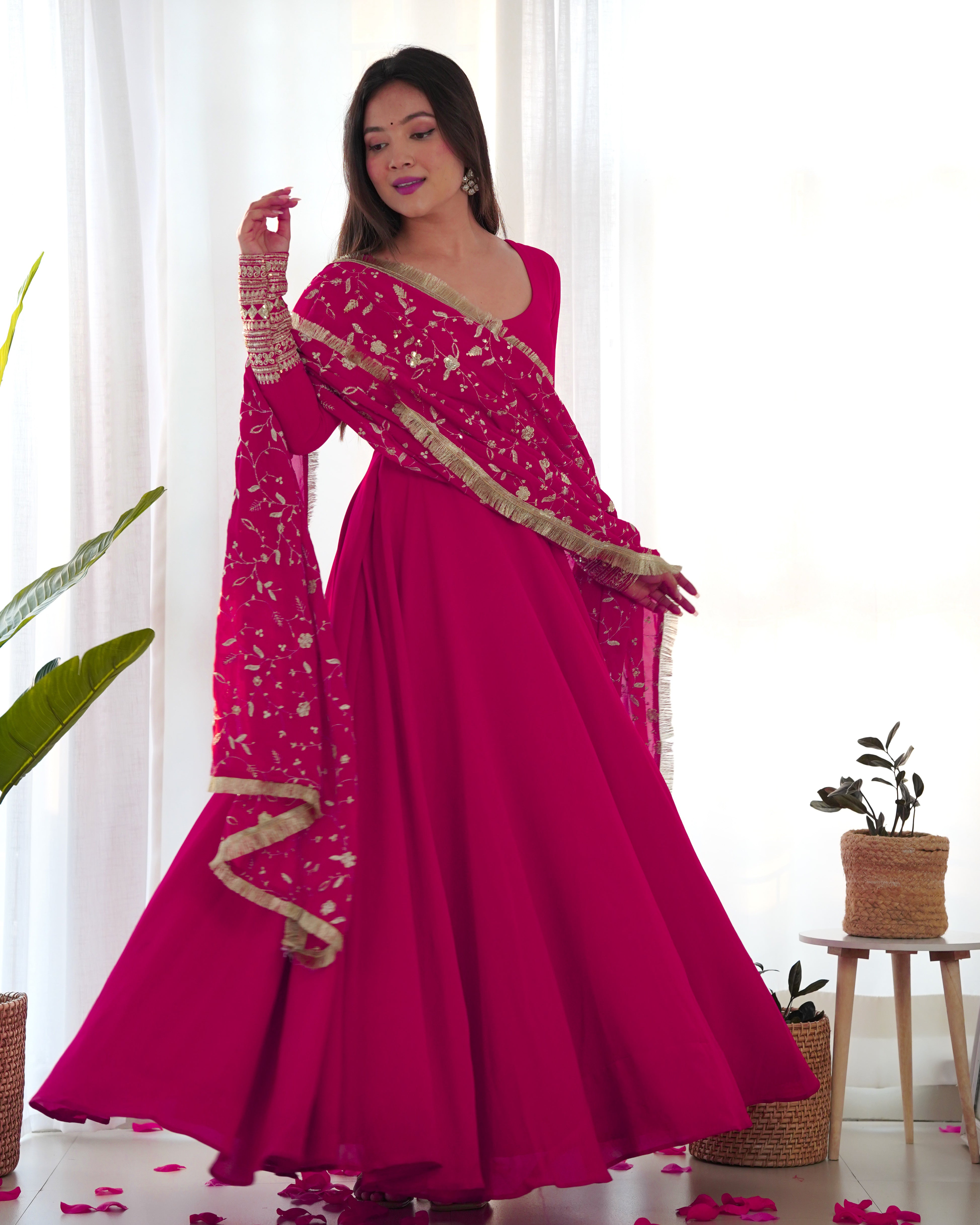 Pink Color Base Flairy Anarkali Suit with Pant and Dupatta Set for Upcoming Functions and Weddings