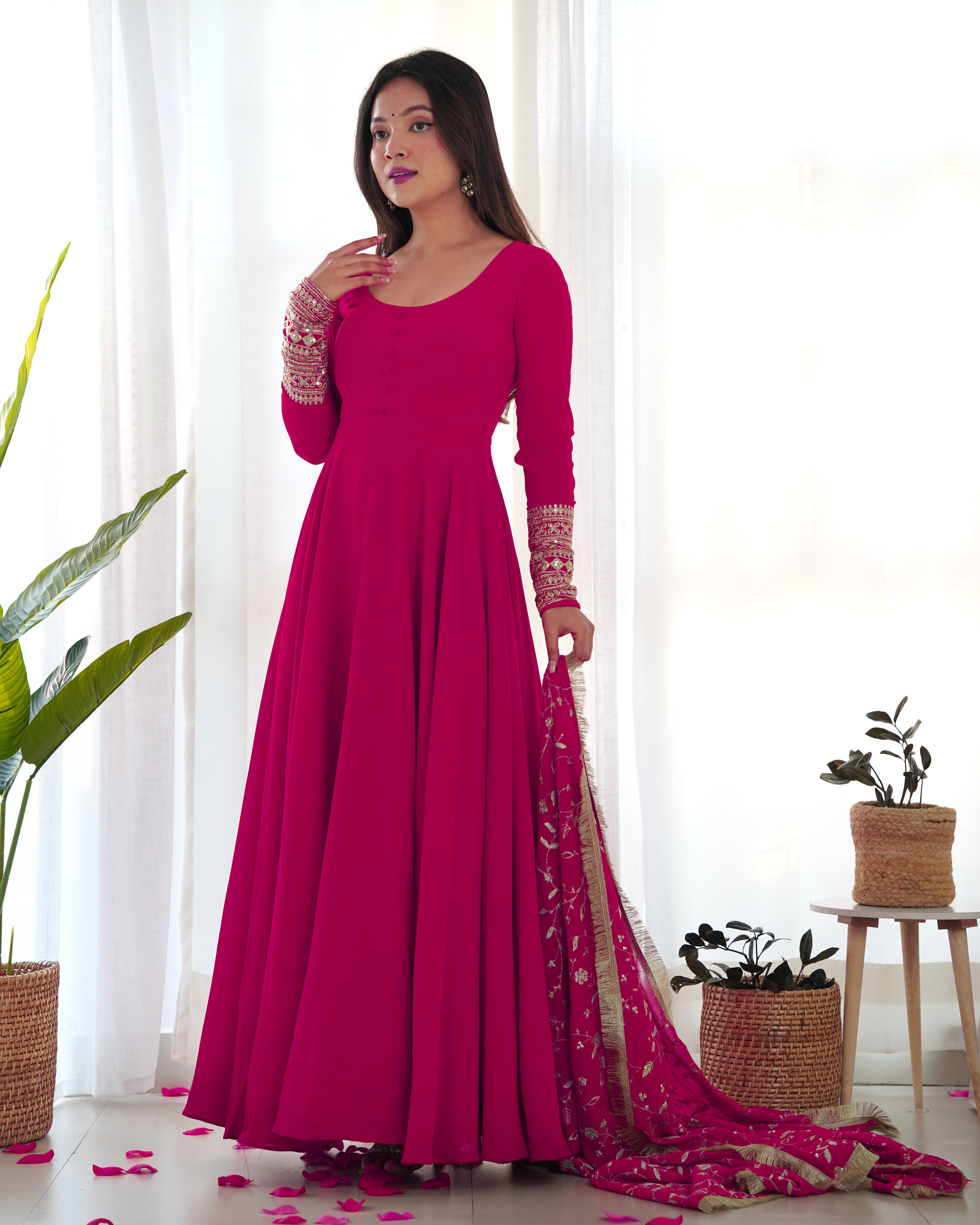 Pink Color Base Flairy Anarkali Suit with Pant and Dupatta Set for Upcoming Functions and Weddings