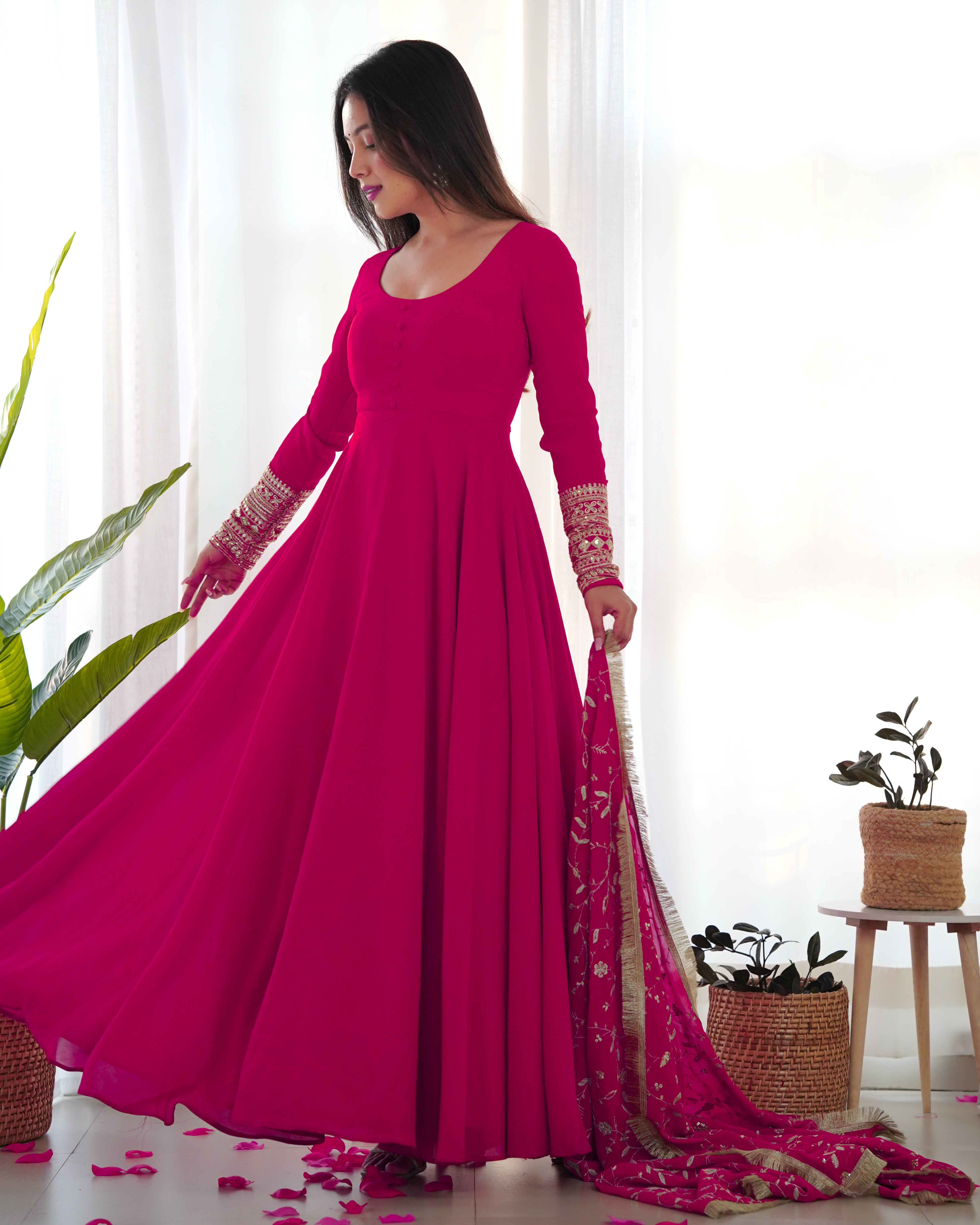 Pink Color Base Flairy Anarkali Suit with Pant and Dupatta Set for Upcoming Functions and Weddings