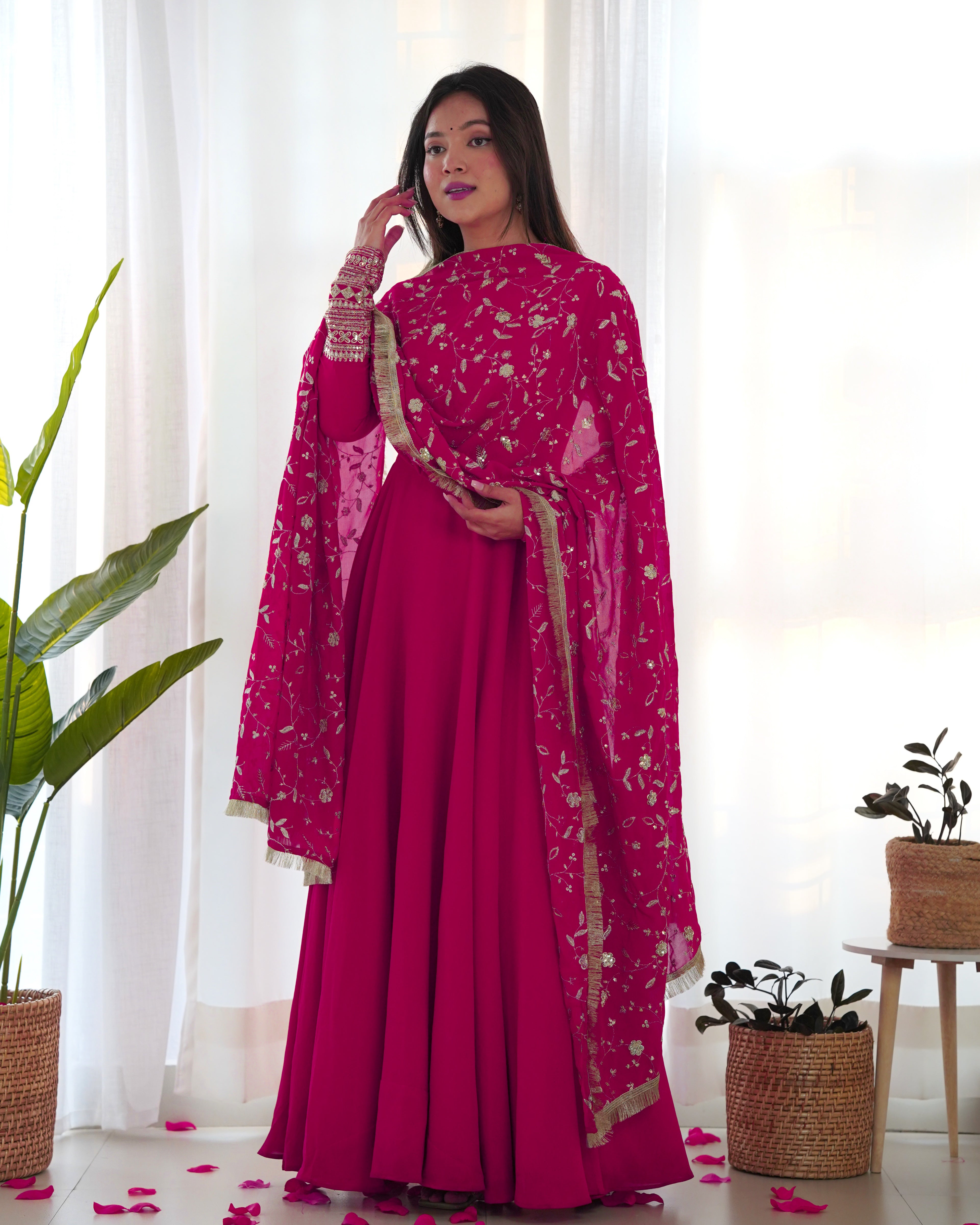 Pink Color Base Flairy Anarkali Suit with Pant and Dupatta Set for Upcoming Functions and Weddings