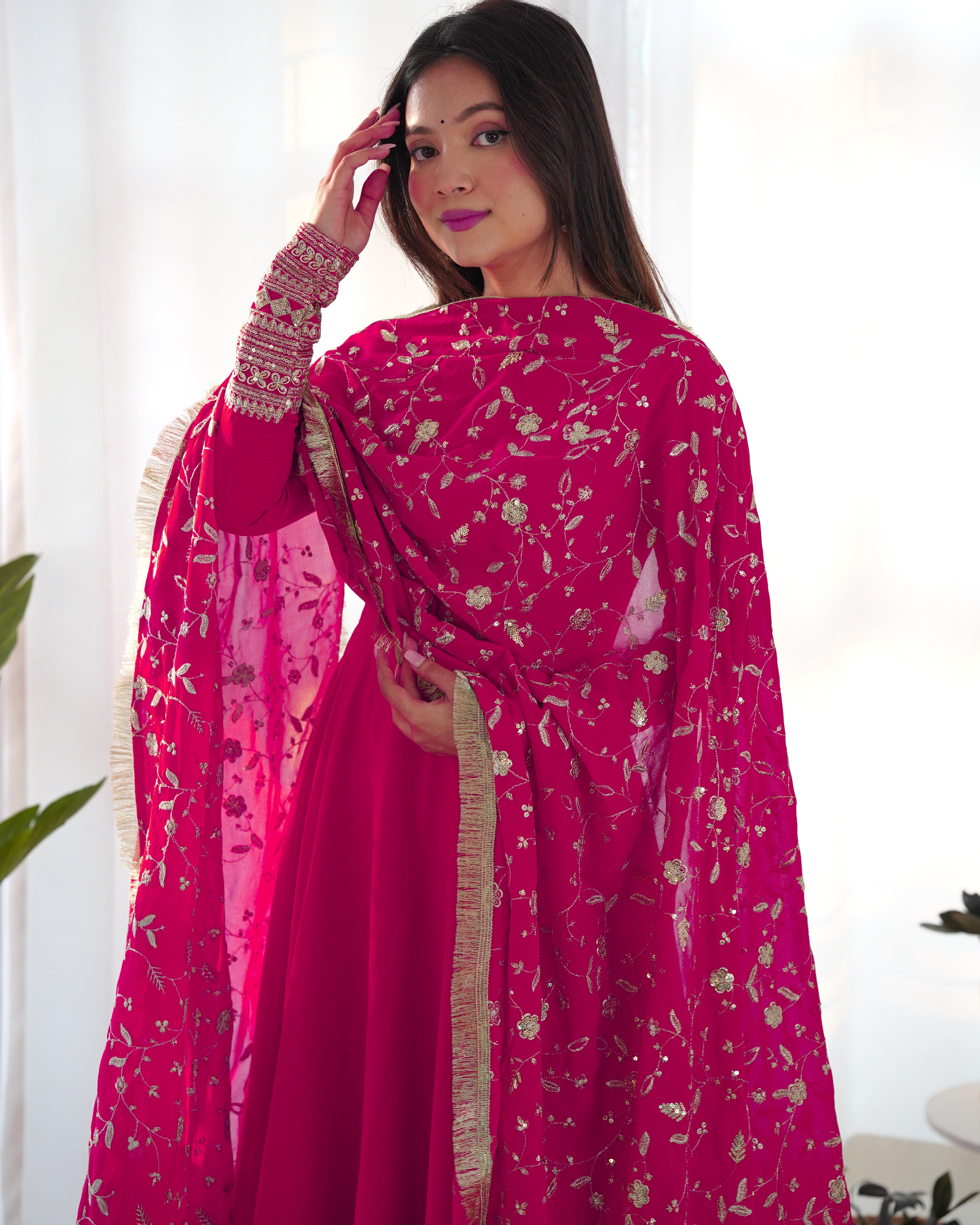 Pink Color Base Flairy Anarkali Suit with Pant and Dupatta Set for Upcoming Functions and Weddings