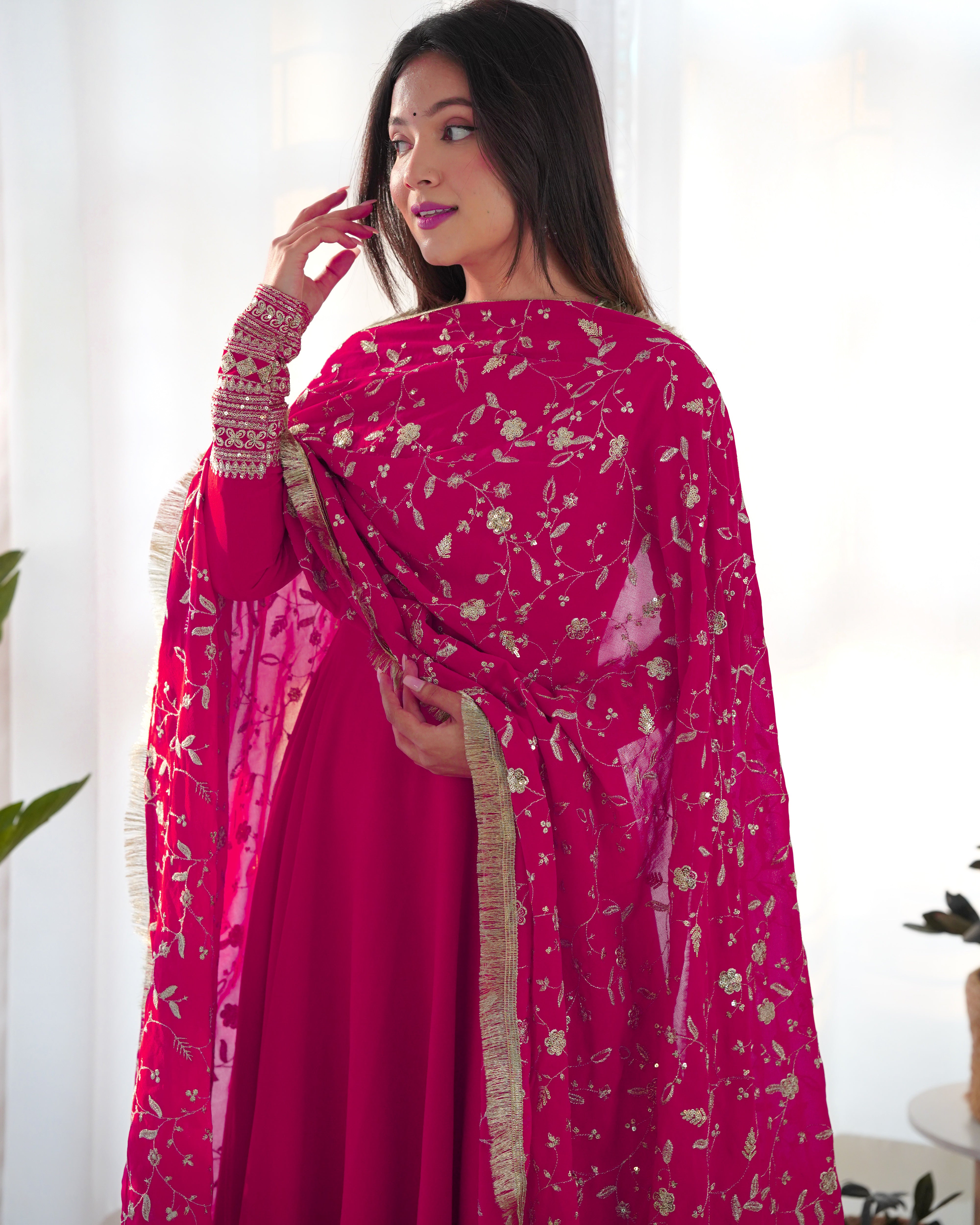 Pink Color Base Flairy Anarkali Suit with Pant and Dupatta Set for Upcoming Functions and Weddings