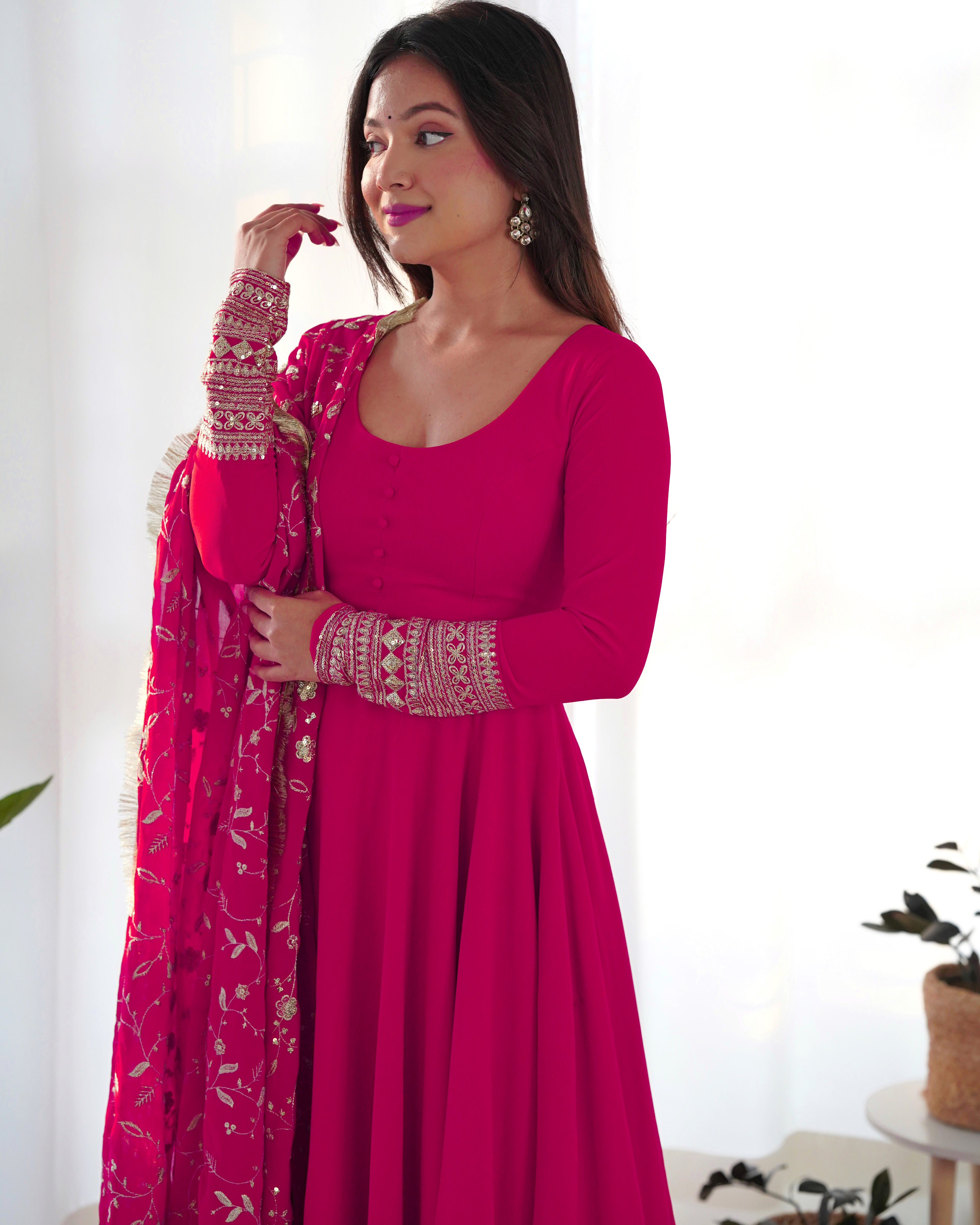 Pink Color Base Flairy Anarkali Suit with Pant and Dupatta Set for Upcoming Functions and Weddings