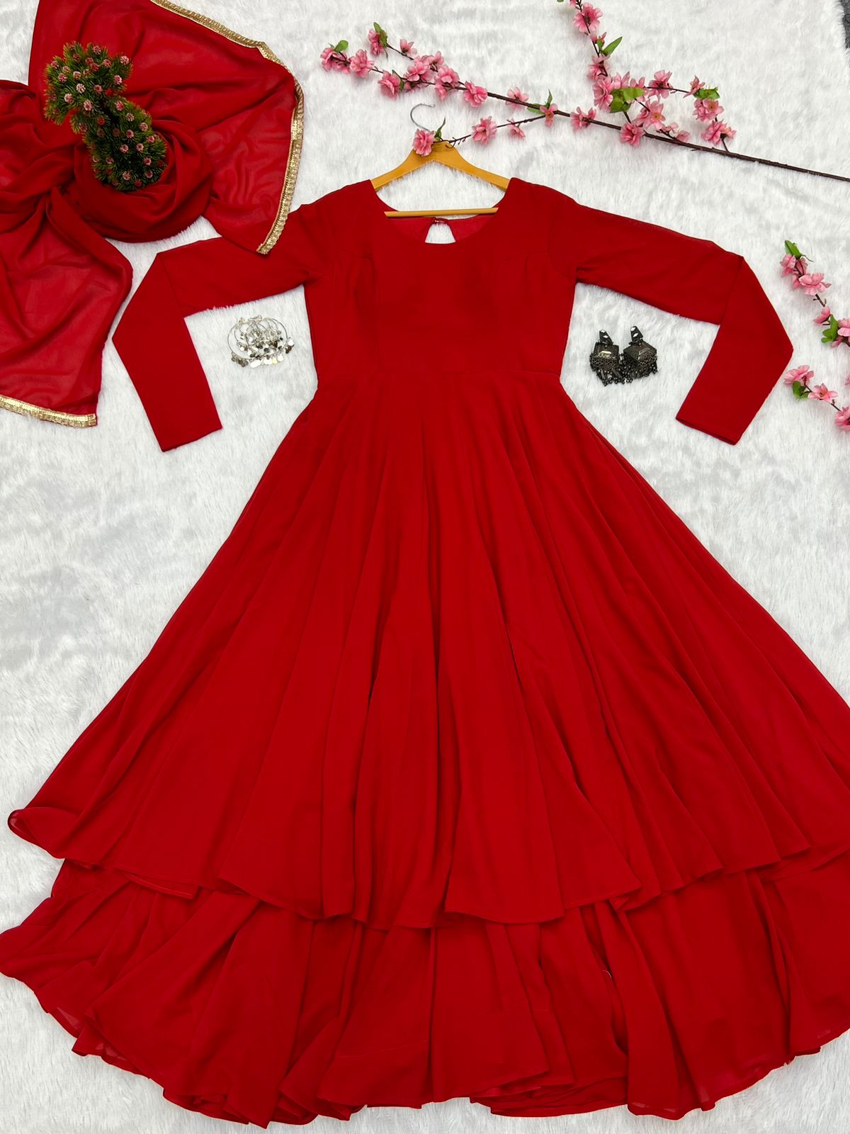 Stylish Red Color Designer Two Layer Anarkali in Faux Georgette Base Suit for Upcoming Functions and Festivals