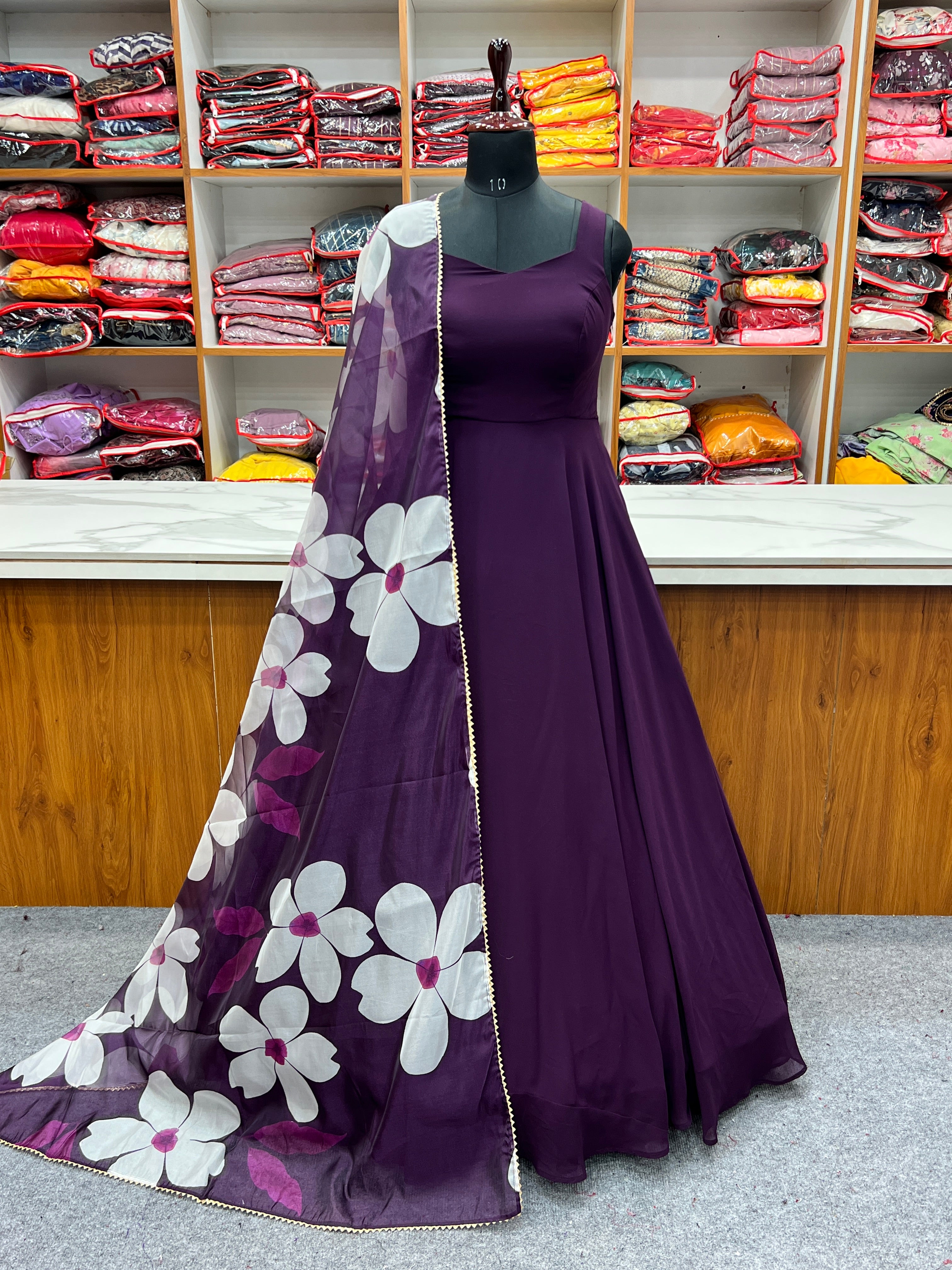 Stylish Dark Wine Color Faux Georgette Base Party Wear Style Suit With Dupatta Set