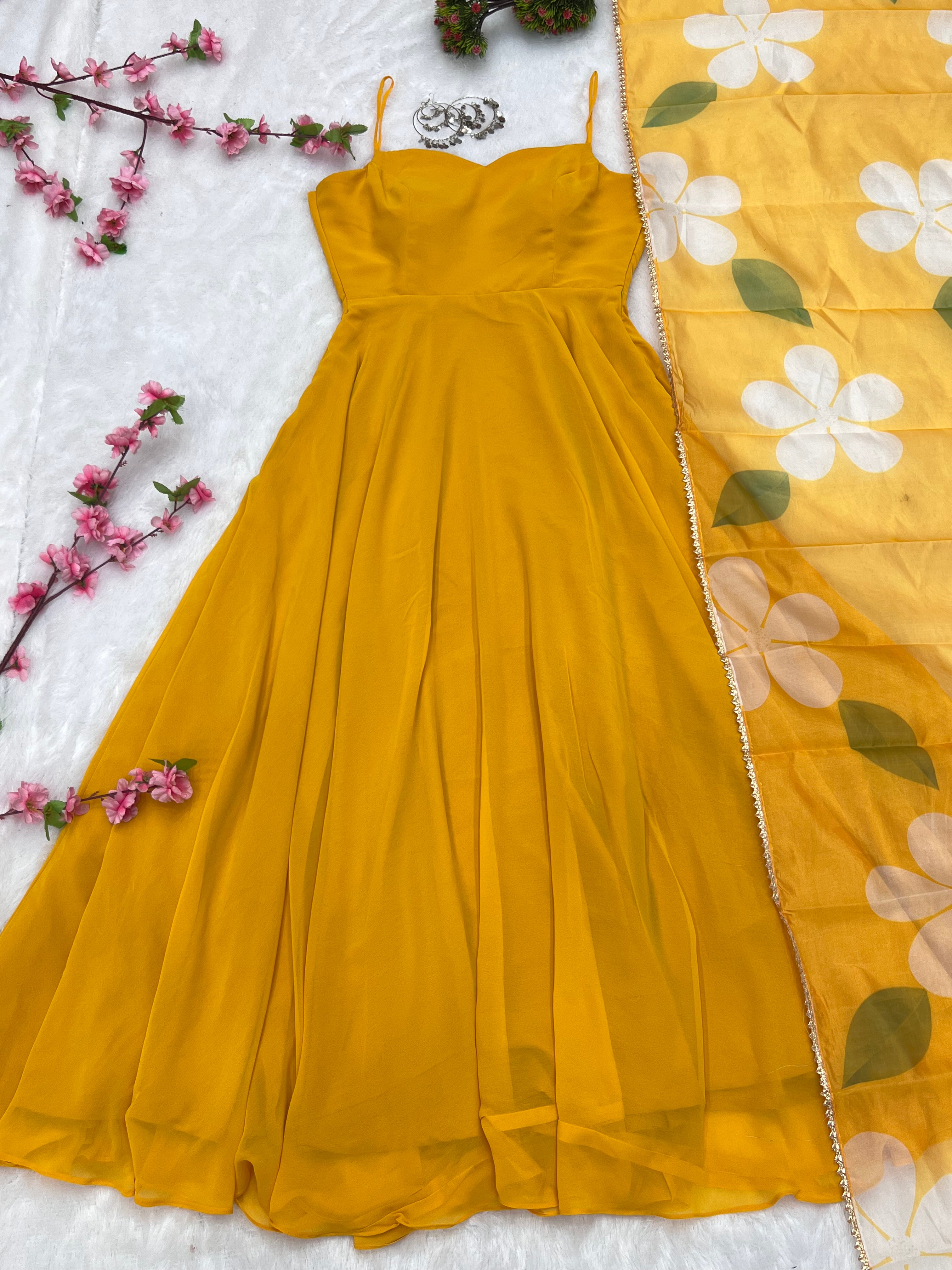 Beautiful Mustard Yellow Color Faux Georgette Base Party Wear Style Suit With Dupatta Set